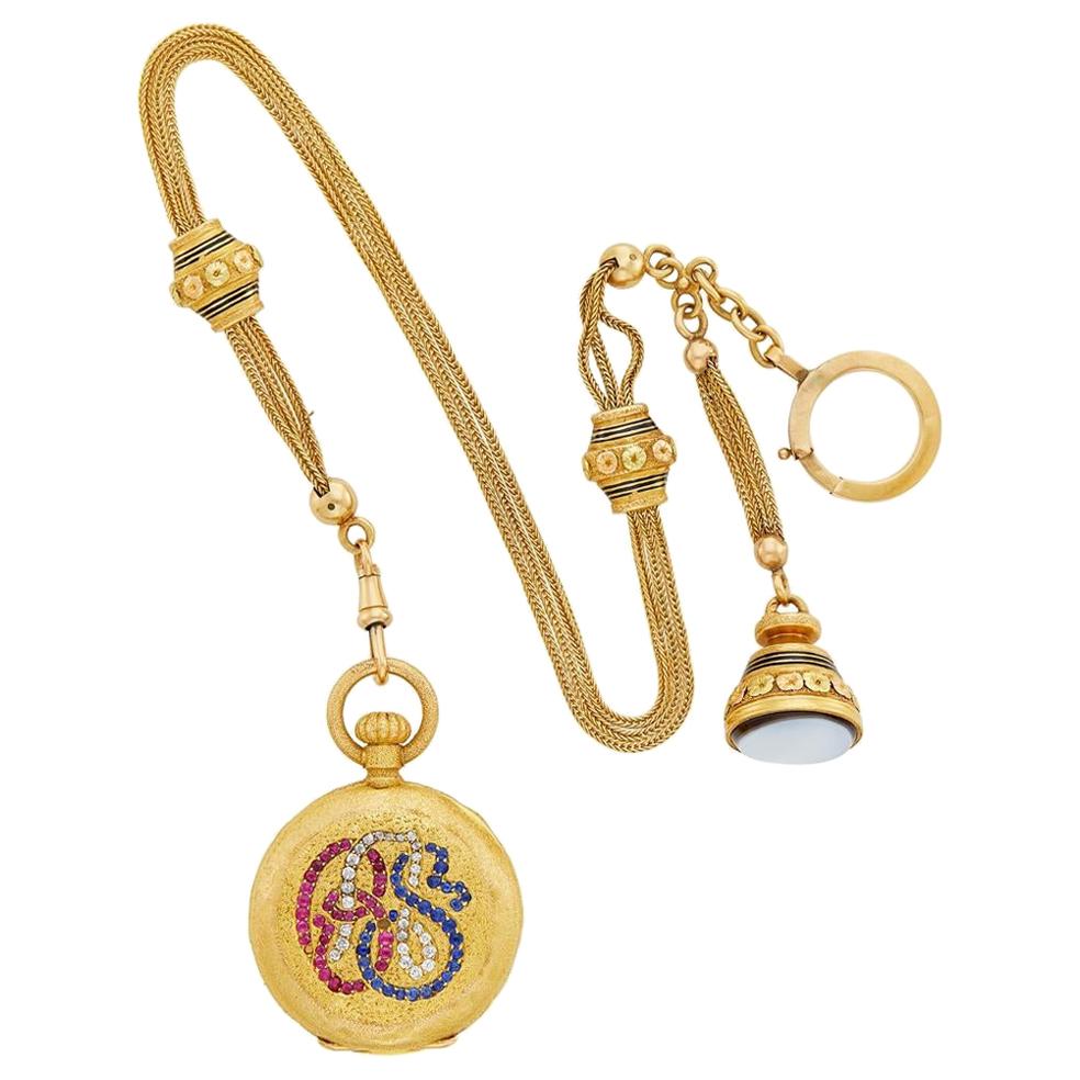 Antike französische Halb Jäger-Taschenuhr aus 18 Karat Gold mit Achatgriff im Angebot