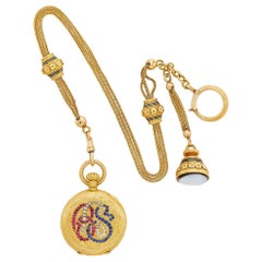 Ancienne montre à gousset française semi-chasse en or 18 carats avec bouton en agate