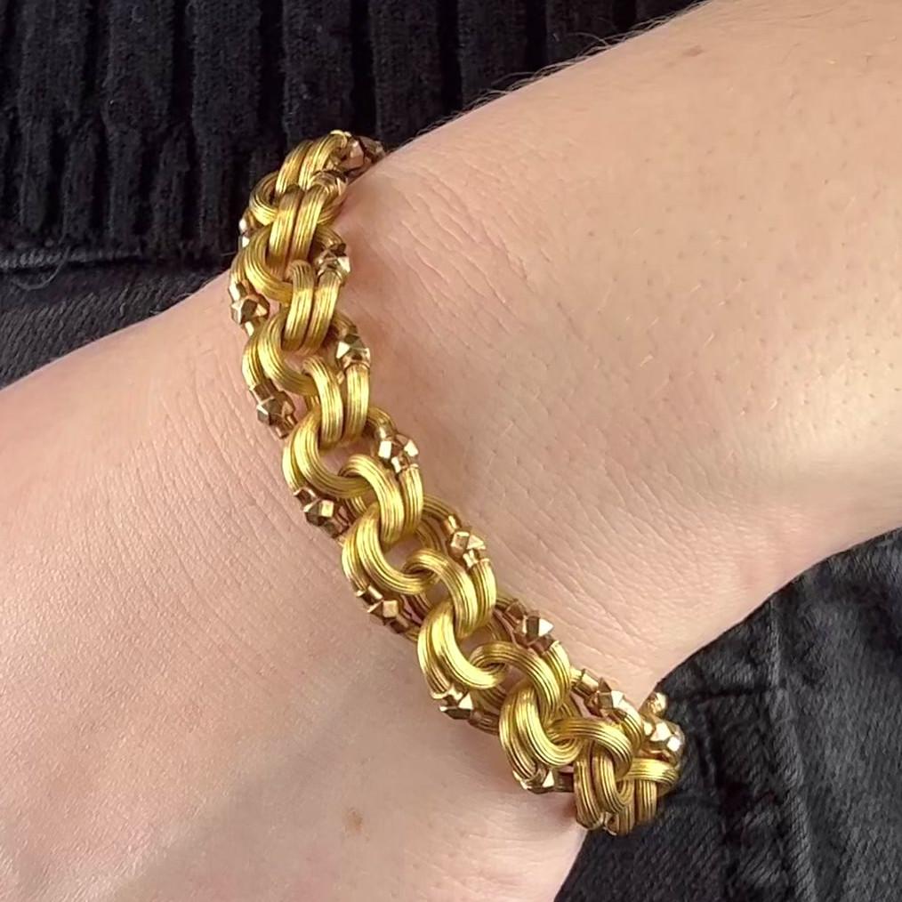 One Antique French 18 Karat Yellow Gold Link Bracelet. Crafted in 18 karat yellow gold, with French hallmarks. Circa 1880s. The bracelet measures 8 1/2 inches in length. 

About this Item: Get lost in the antique period design elements with this