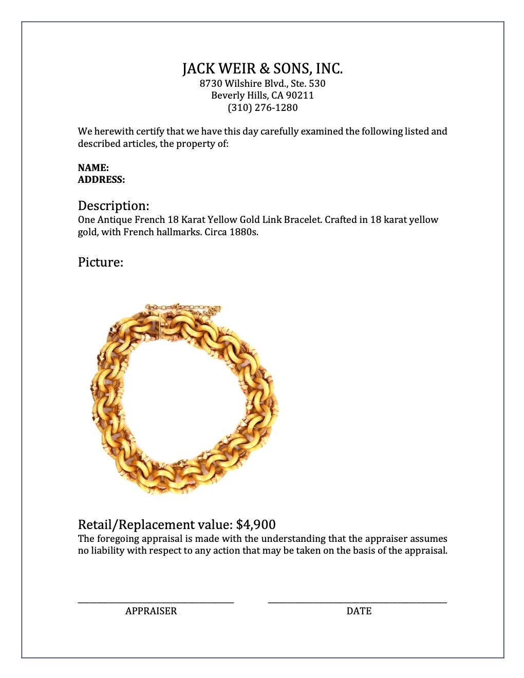 Women's or Men's Antique French 18 Karat Yellow Gold Link Bracelet