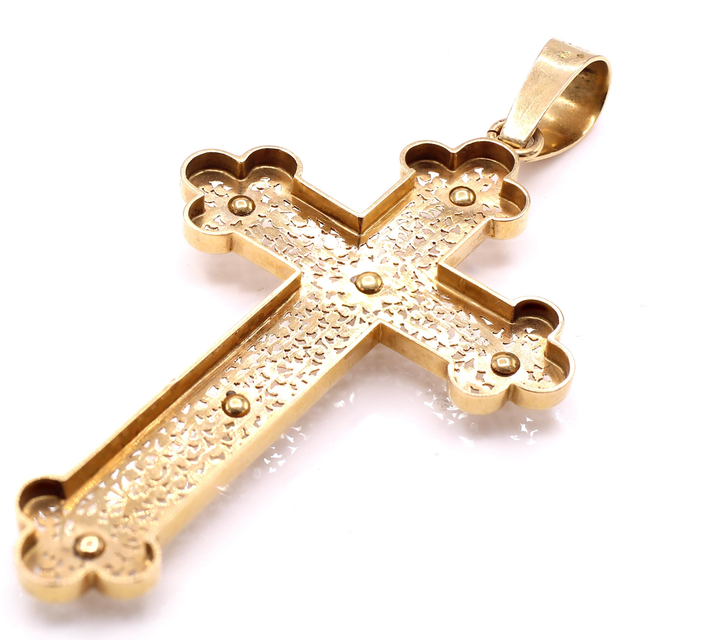 Bead Antique French 18 Karat Yellow Gold Pearl Filigree Cross Pendant For Sale