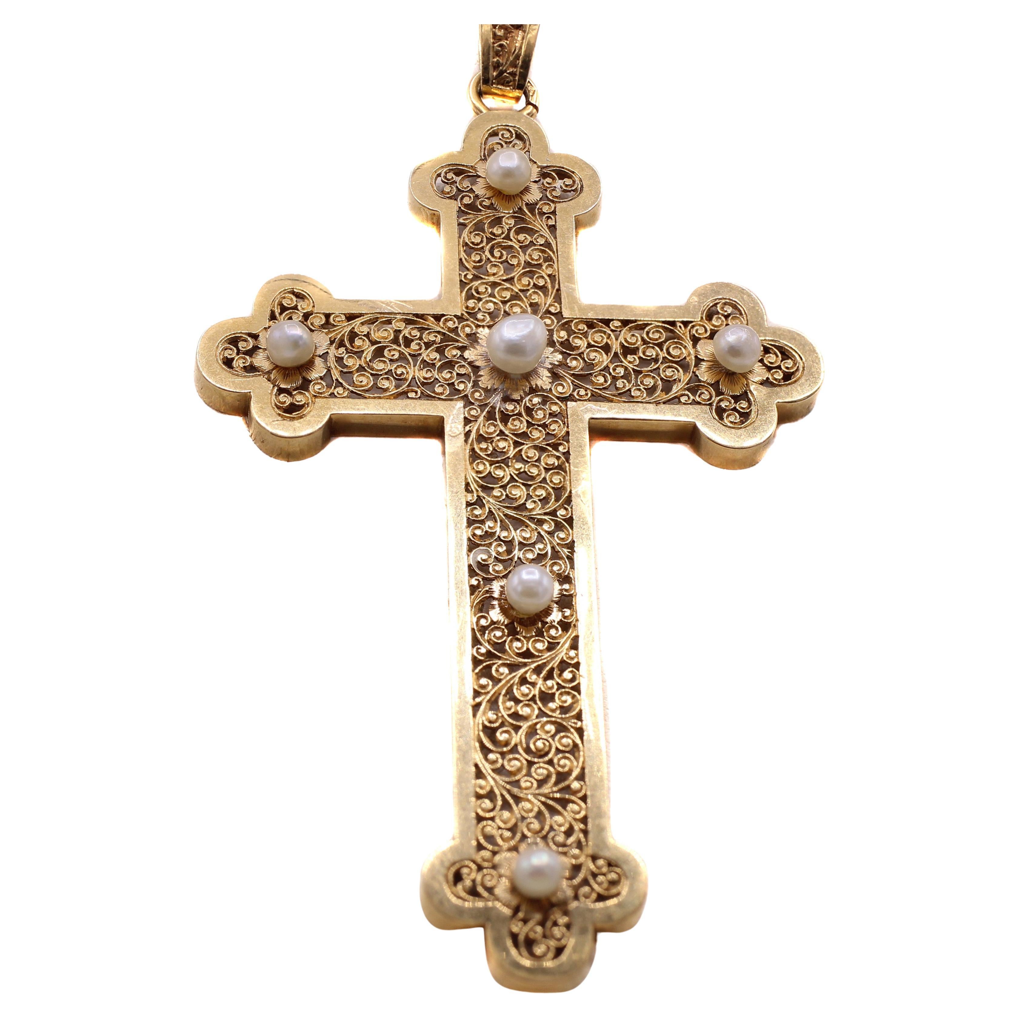 Antique French 18 Karat Yellow Gold Pearl Filigree Cross Pendant