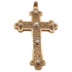 Antique French 18 Karat Yellow Gold Pearl Filigree Cross Pendant