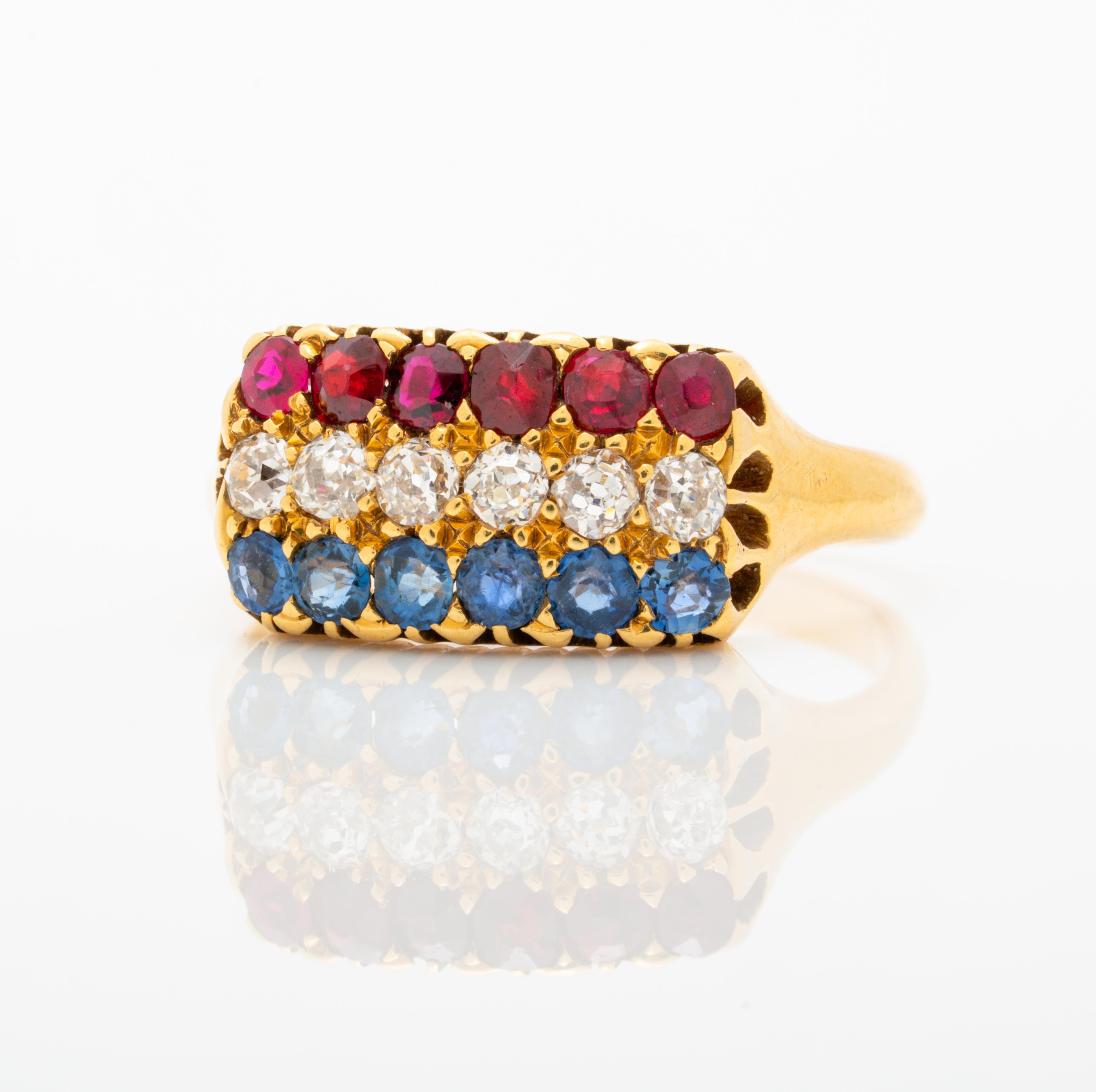 Antique French 18k Yellow Gold, Ruby and Sapphire Row Ring c. 1880

Period: c.1880
Material: 18k Yellow Gold, Diamond, Ruby and Sapphire
Weight: 3.82g
Current Ring Size: 6.5

 

We offer free ring sizing