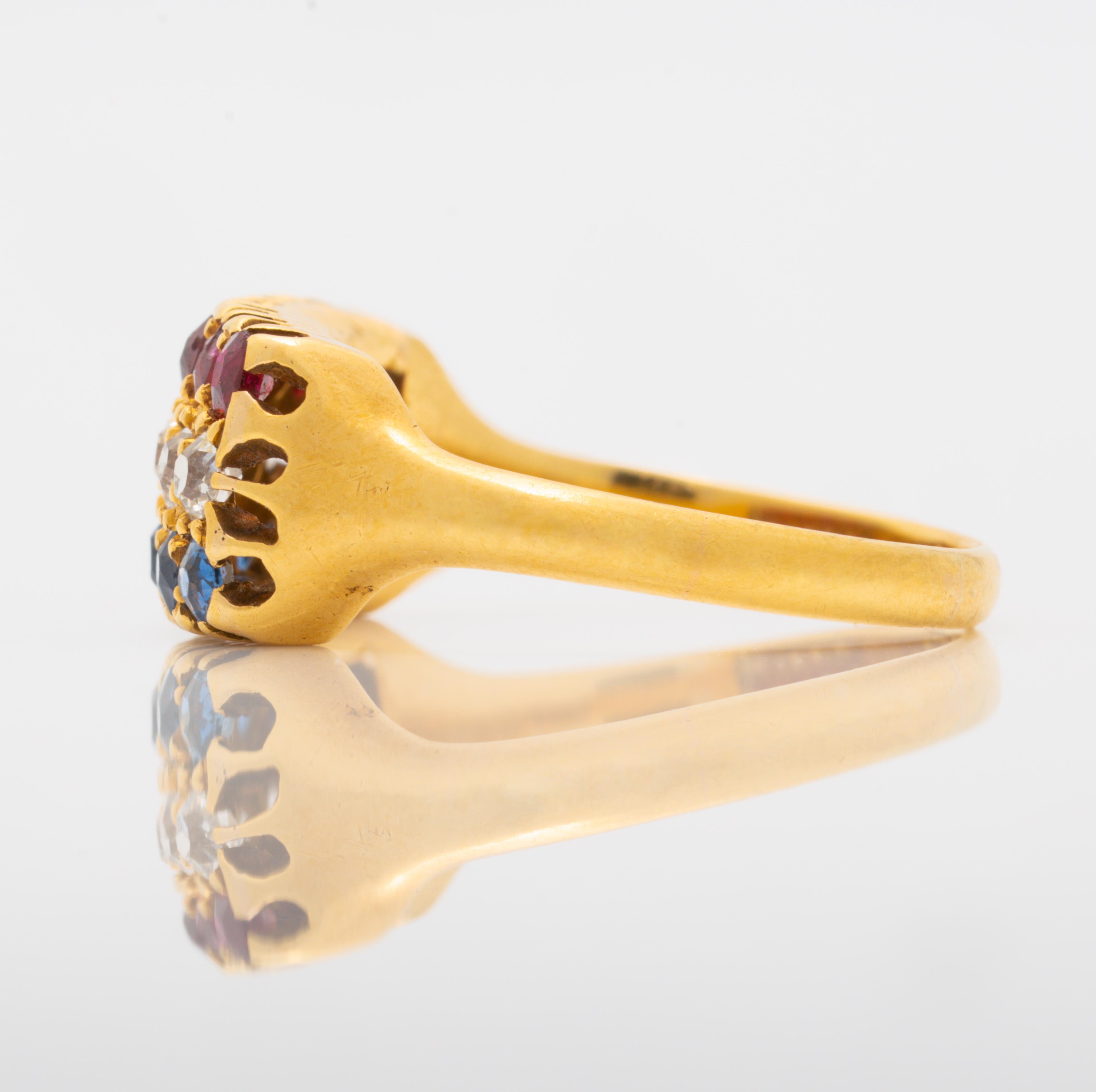 Round Cut Antique French 18 Karat Yellow Gold, Ruby and Sapphire Row Ring, circa 1880