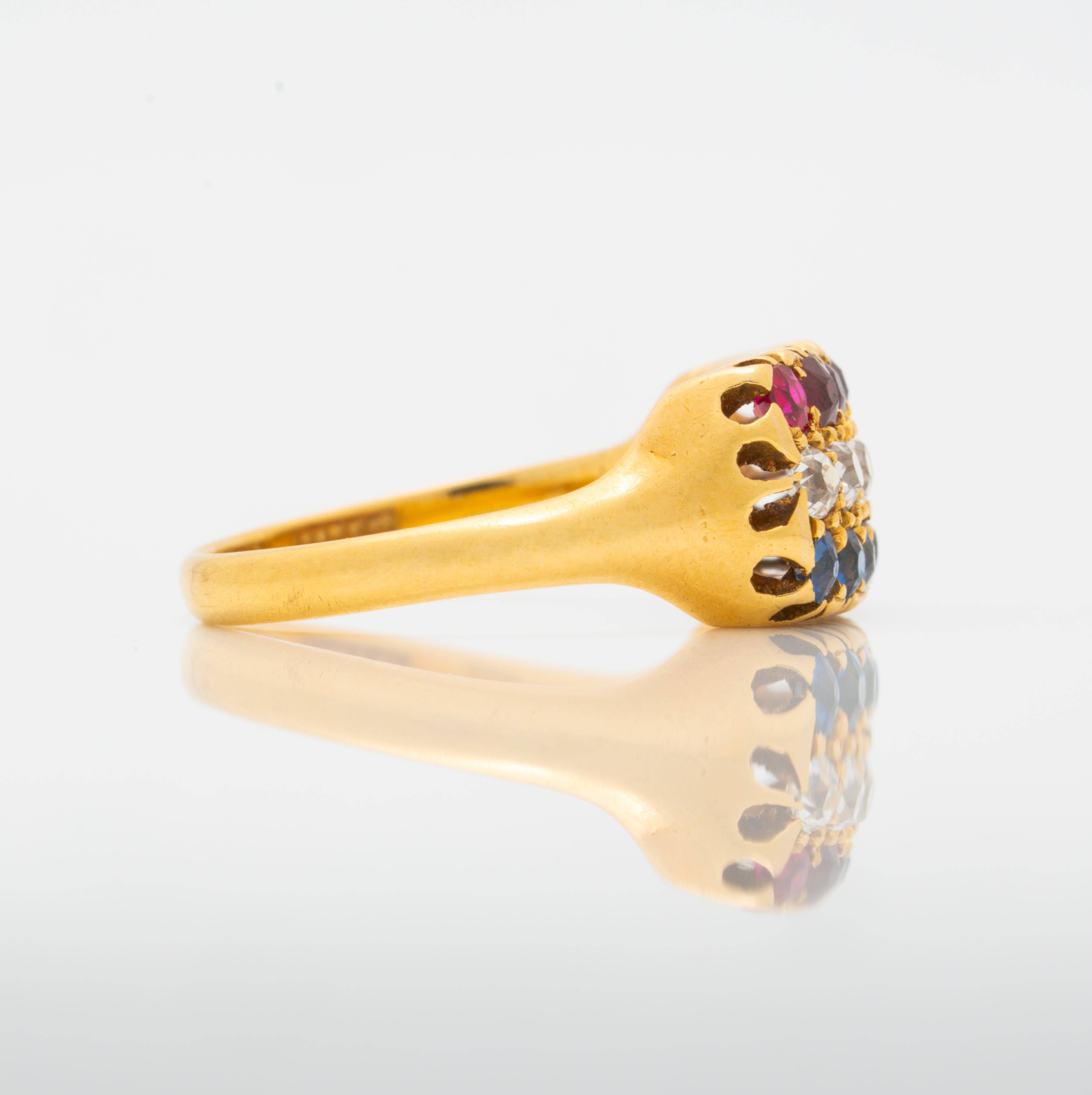 Antique French 18 Karat Yellow Gold, Ruby and Sapphire Row Ring, circa 1880 In Good Condition In New York, NY