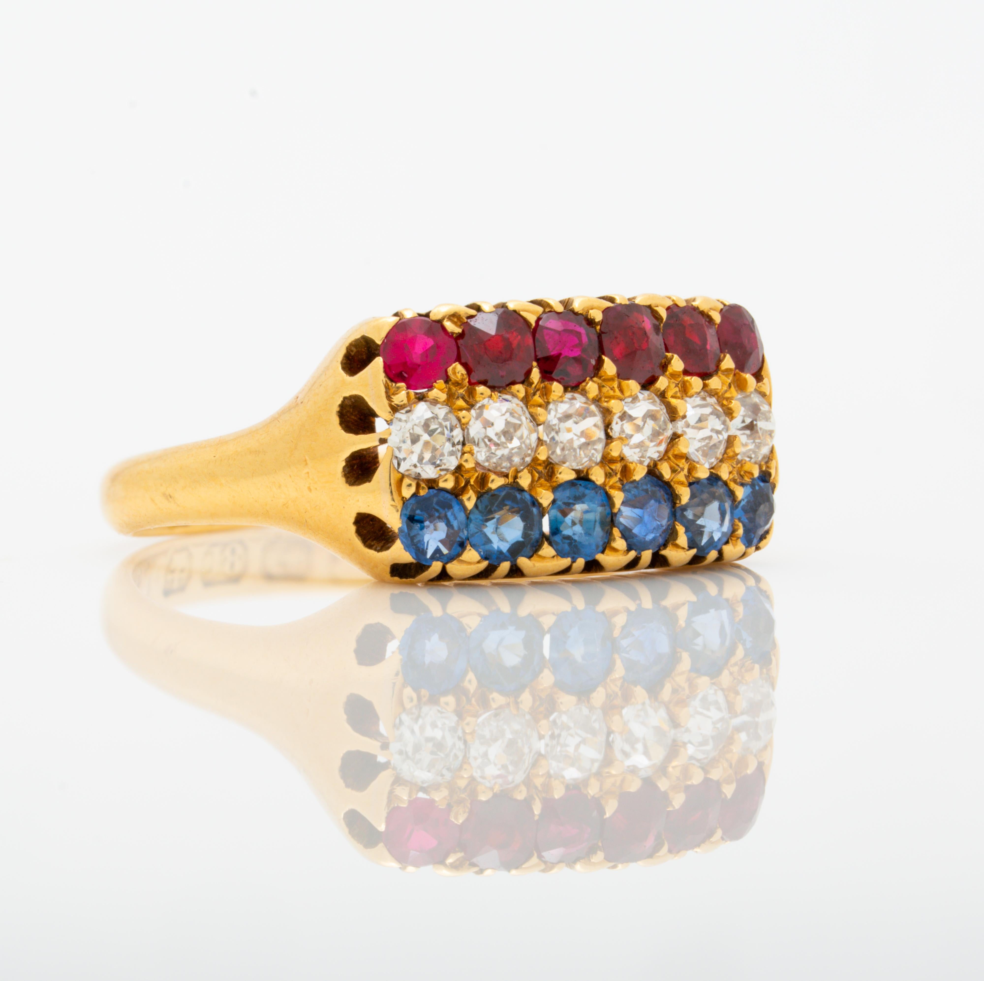 Women's or Men's Antique French 18 Karat Yellow Gold, Ruby and Sapphire Row Ring, circa 1880