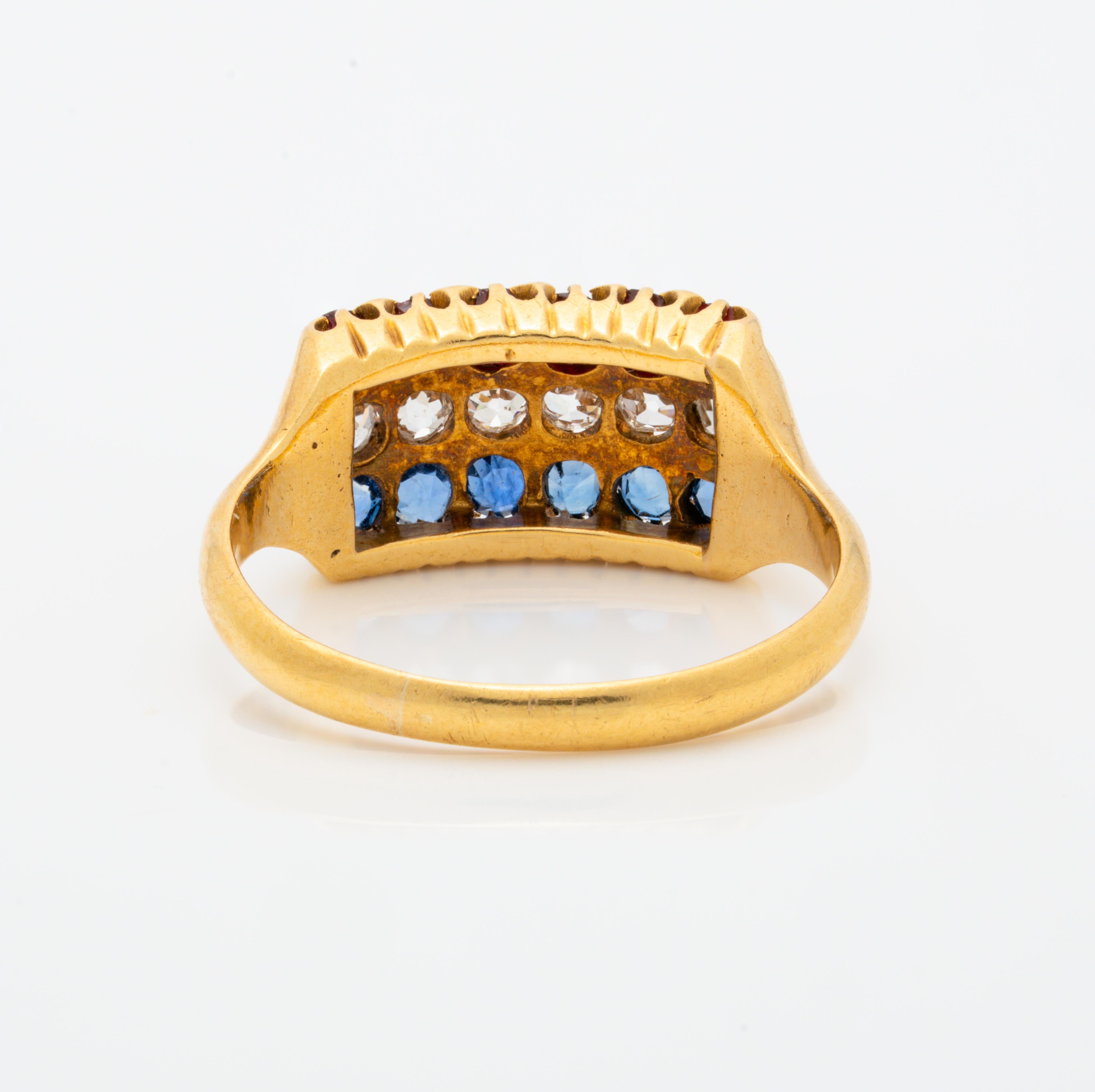 Antique French 18 Karat Yellow Gold, Ruby and Sapphire Row Ring, circa 1880 1