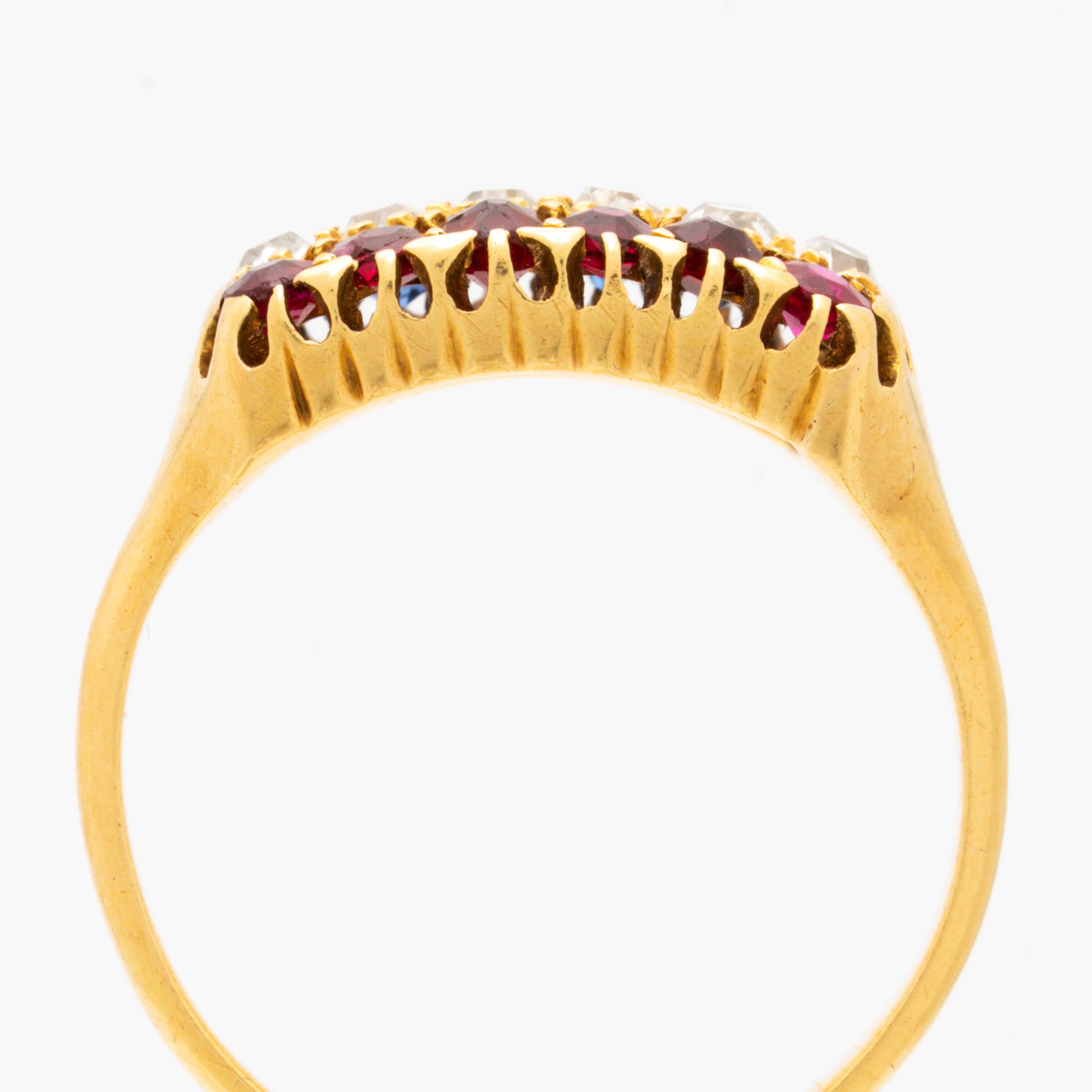 Antique French 18 Karat Yellow Gold, Ruby and Sapphire Row Ring, circa 1880 2