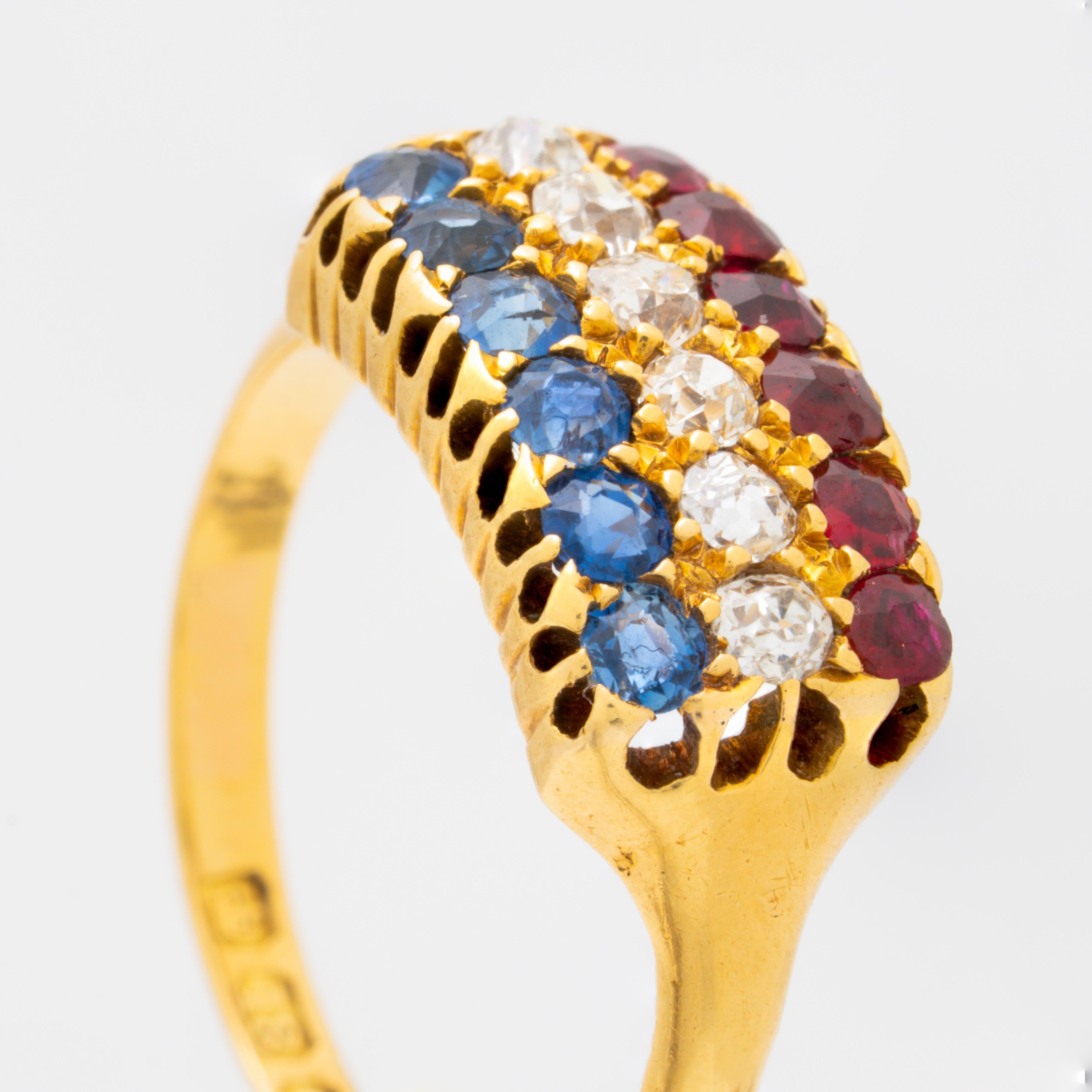 Antique French 18 Karat Yellow Gold, Ruby and Sapphire Row Ring, circa 1880 3
