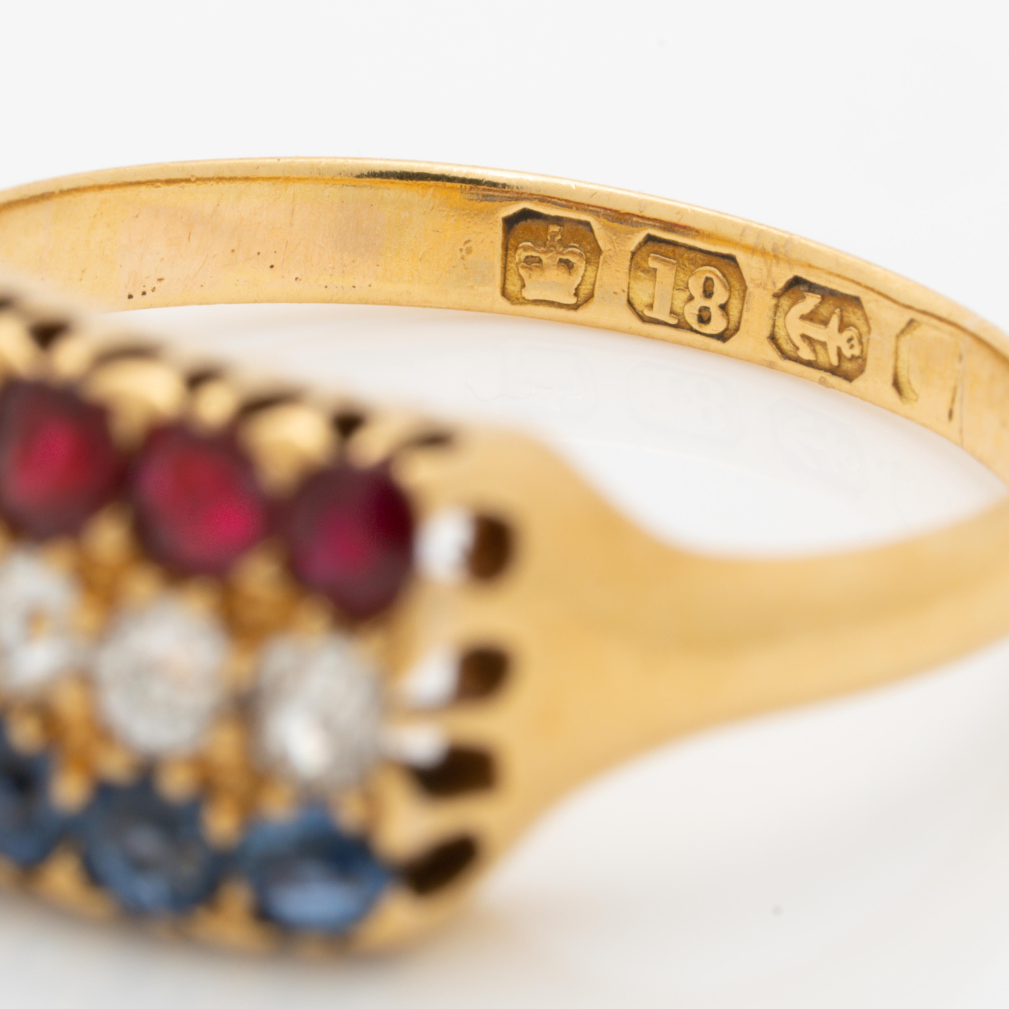 Antique French 18 Karat Yellow Gold, Ruby and Sapphire Row Ring, circa 1880 4