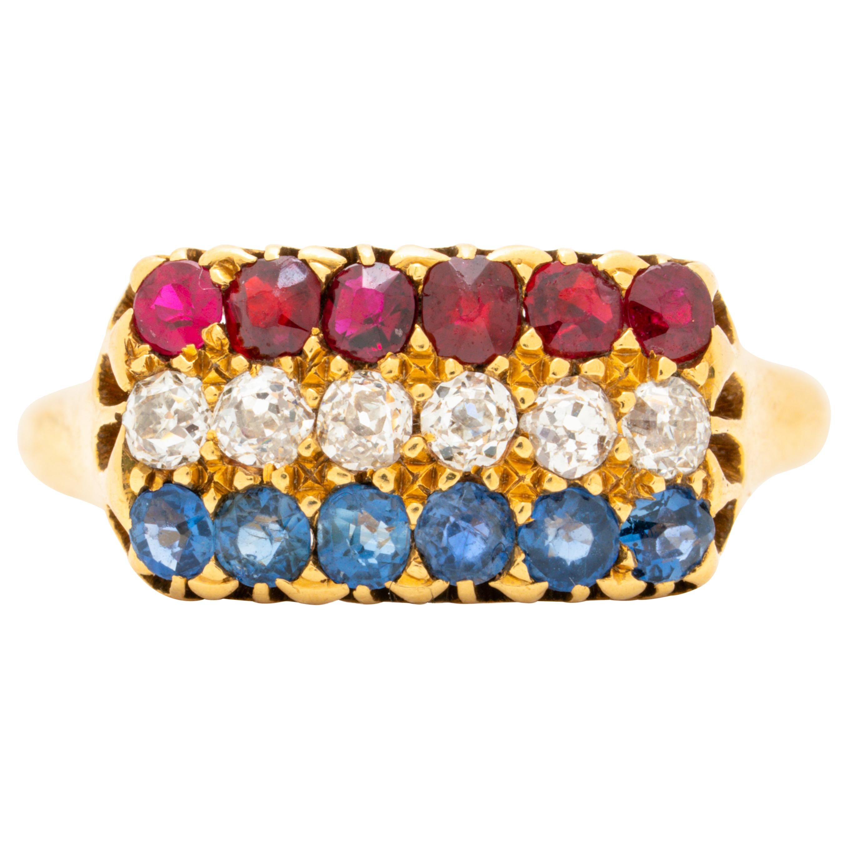 Antique French 18 Karat Yellow Gold, Ruby and Sapphire Row Ring, circa 1880