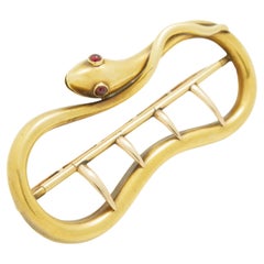 Antique French 18 Karat Yellow Gold Serpent Snake Belt Buckle Cabochon Rubies