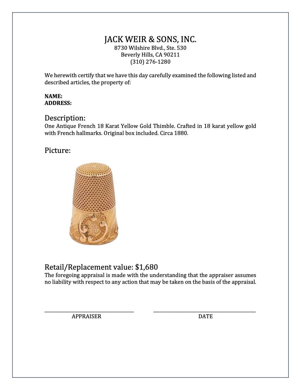 Antiker französischer Thimble aus 18 Karat Gelbgold 3