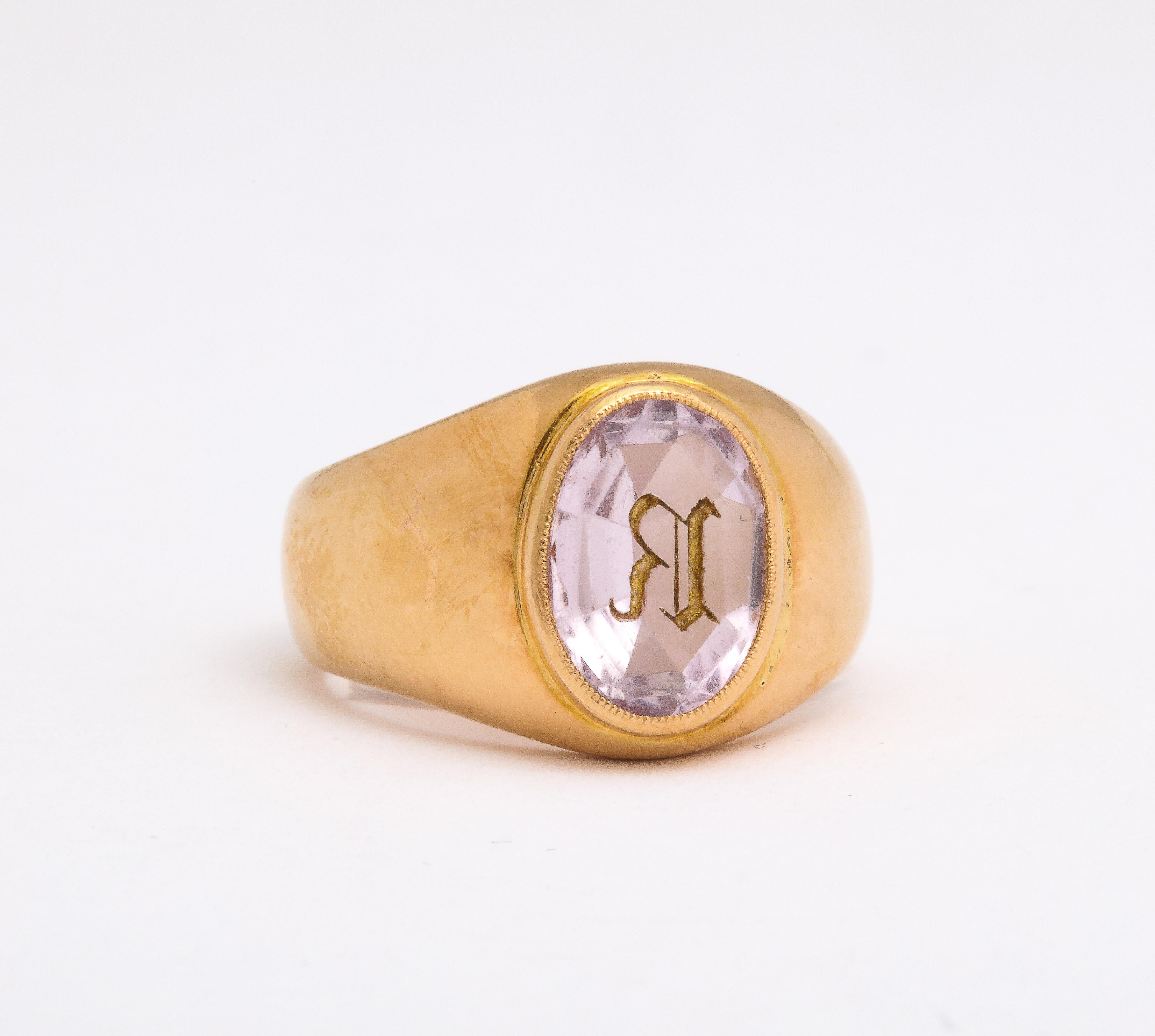 Women's or Men's Antique French 18 kt Gold Signet Ring with Amethyst