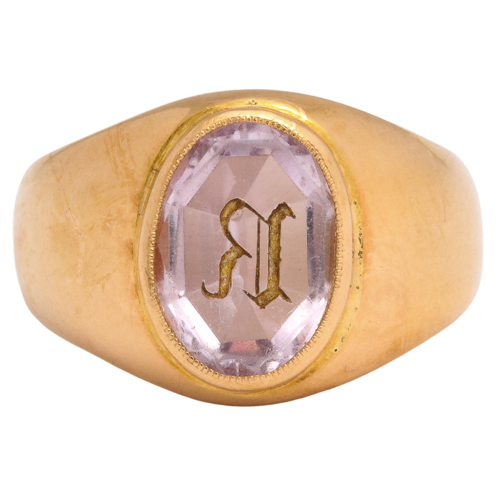 Antique French 18 kt Gold Signet Ring with Amethyst