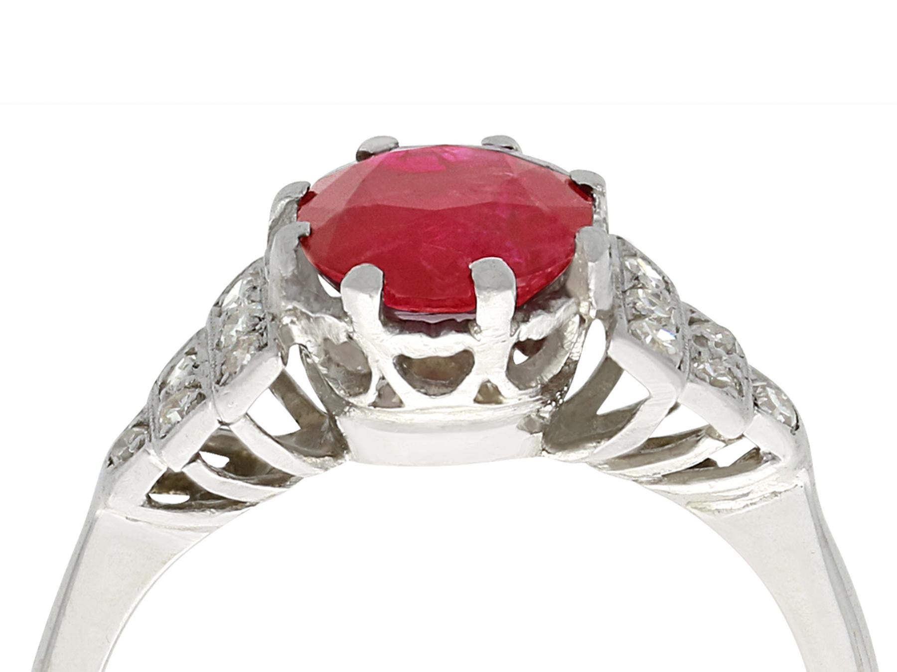 An impressive vintage 1940s 1.80 Ct ruby and 0.12 Ct diamond, 14k white gold and platinum set dress ring; part of our diverse gemstone jewelry and estate jewelry collections.

This fine and impressive ruby ring has been crafted in 14k white gold