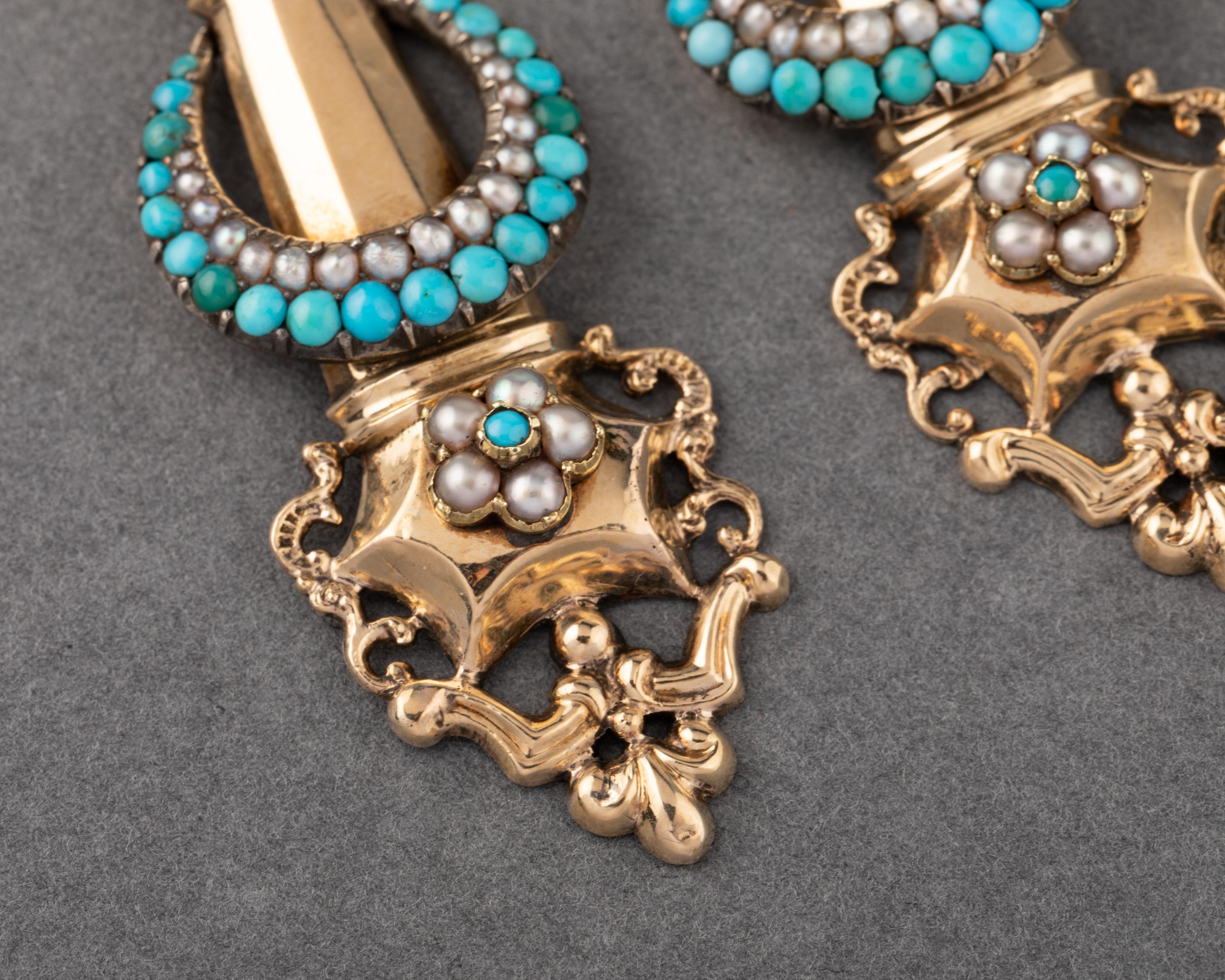 Round Cut Antique French 1830's Earrings, Gold and Turquoises For Sale