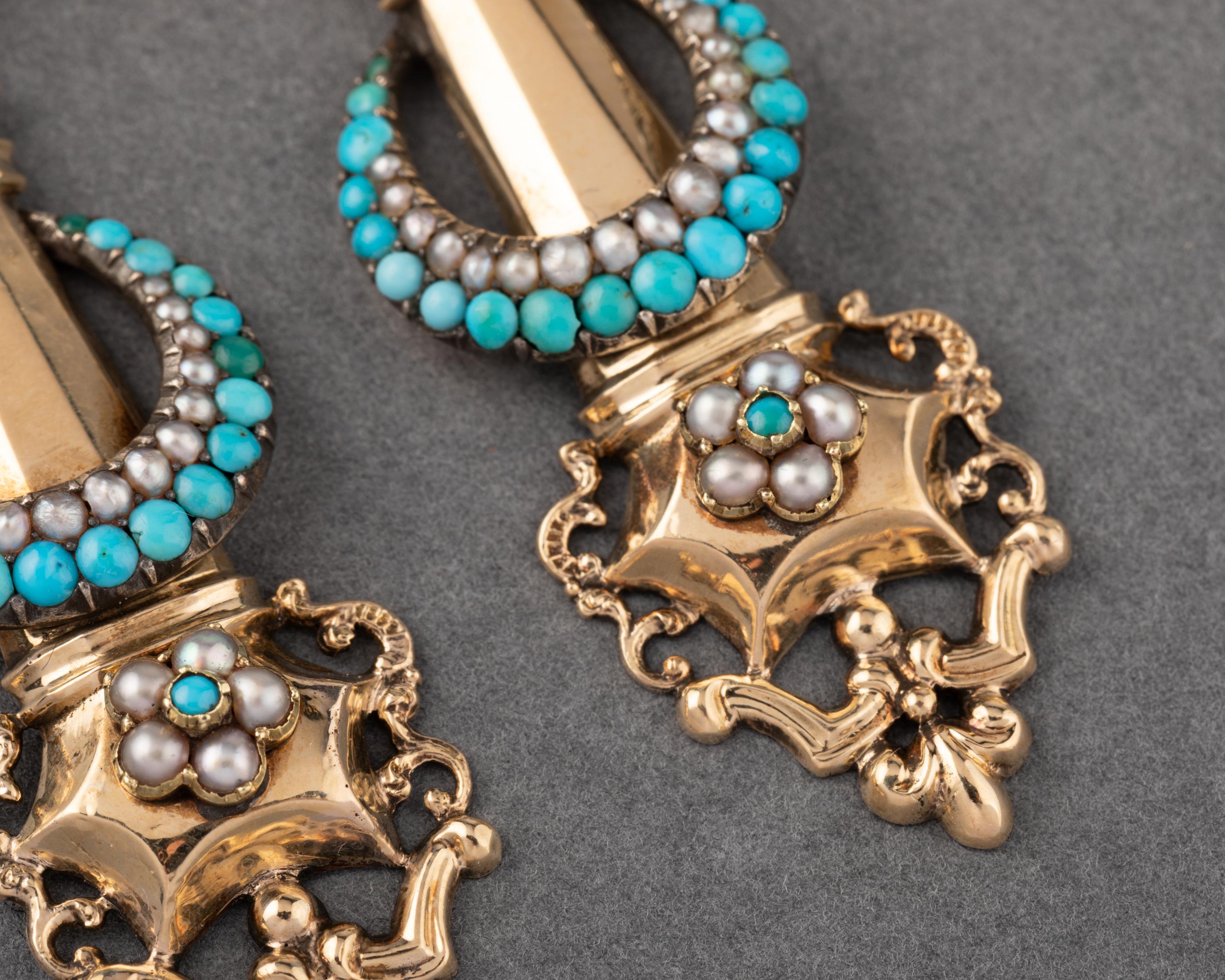 Antique French 1830's Earrings, Gold and Turquoises In Good Condition For Sale In Saint-Ouen, FR
