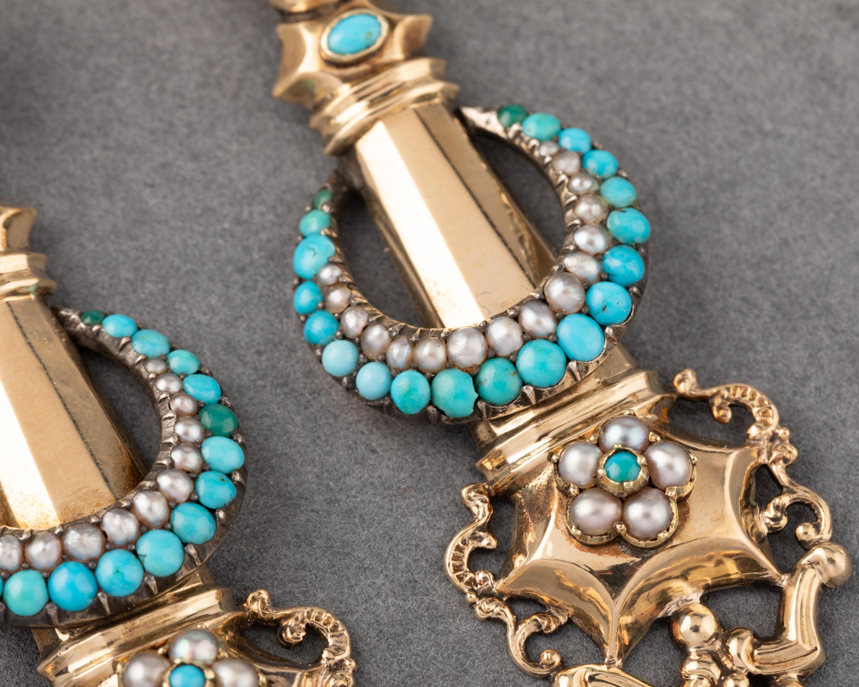 Antique French 1830's Earrings, Gold and Turquoises For Sale 1