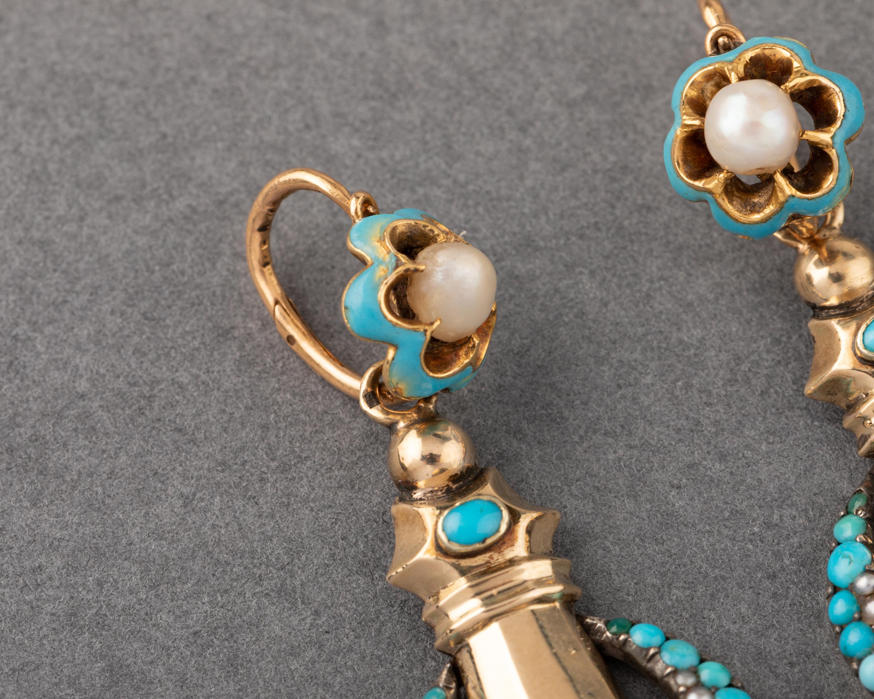 Antique French 1830's Earrings, Gold and Turquoises For Sale 2
