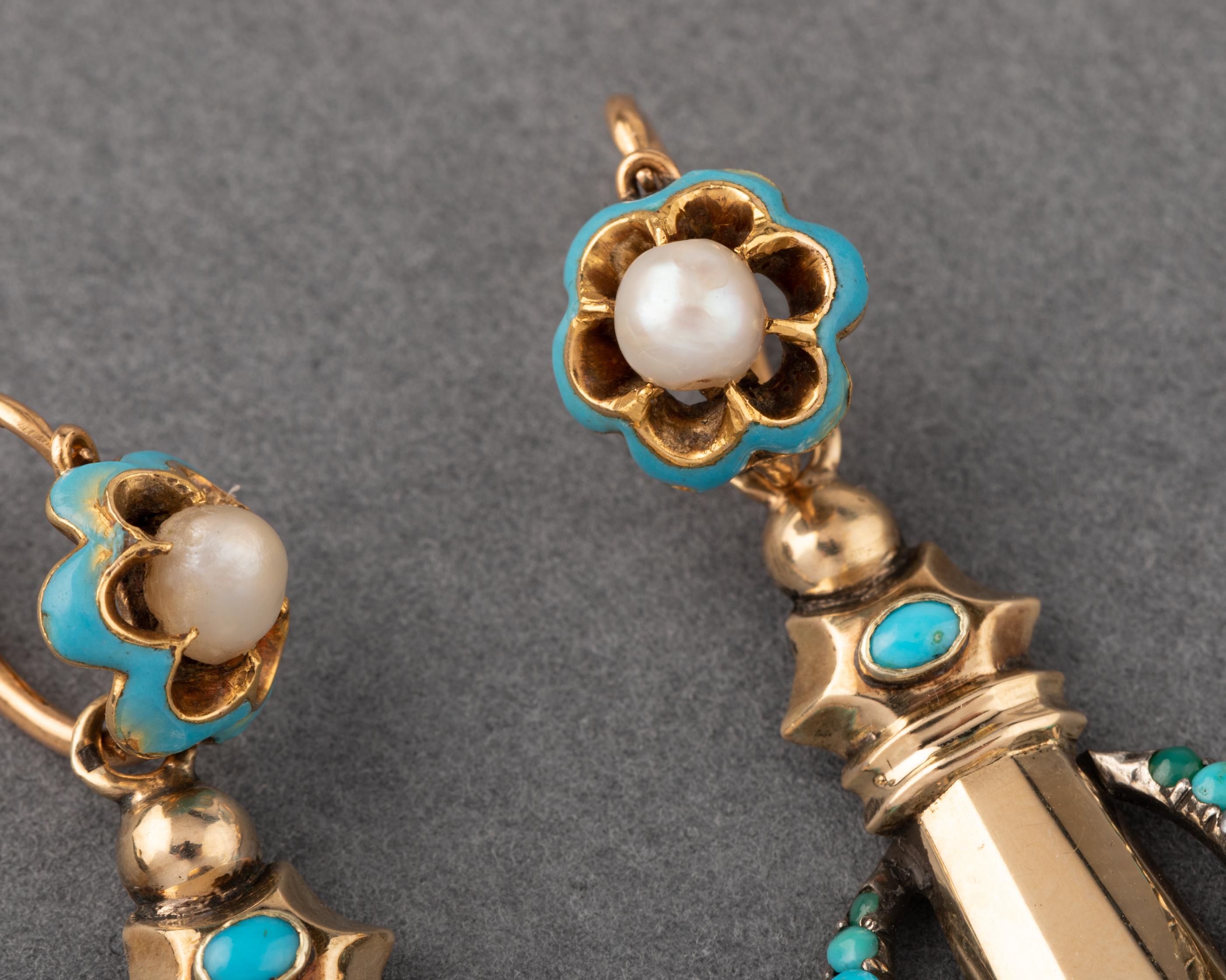 Antique French 1830's Earrings, Gold and Turquoises For Sale 3