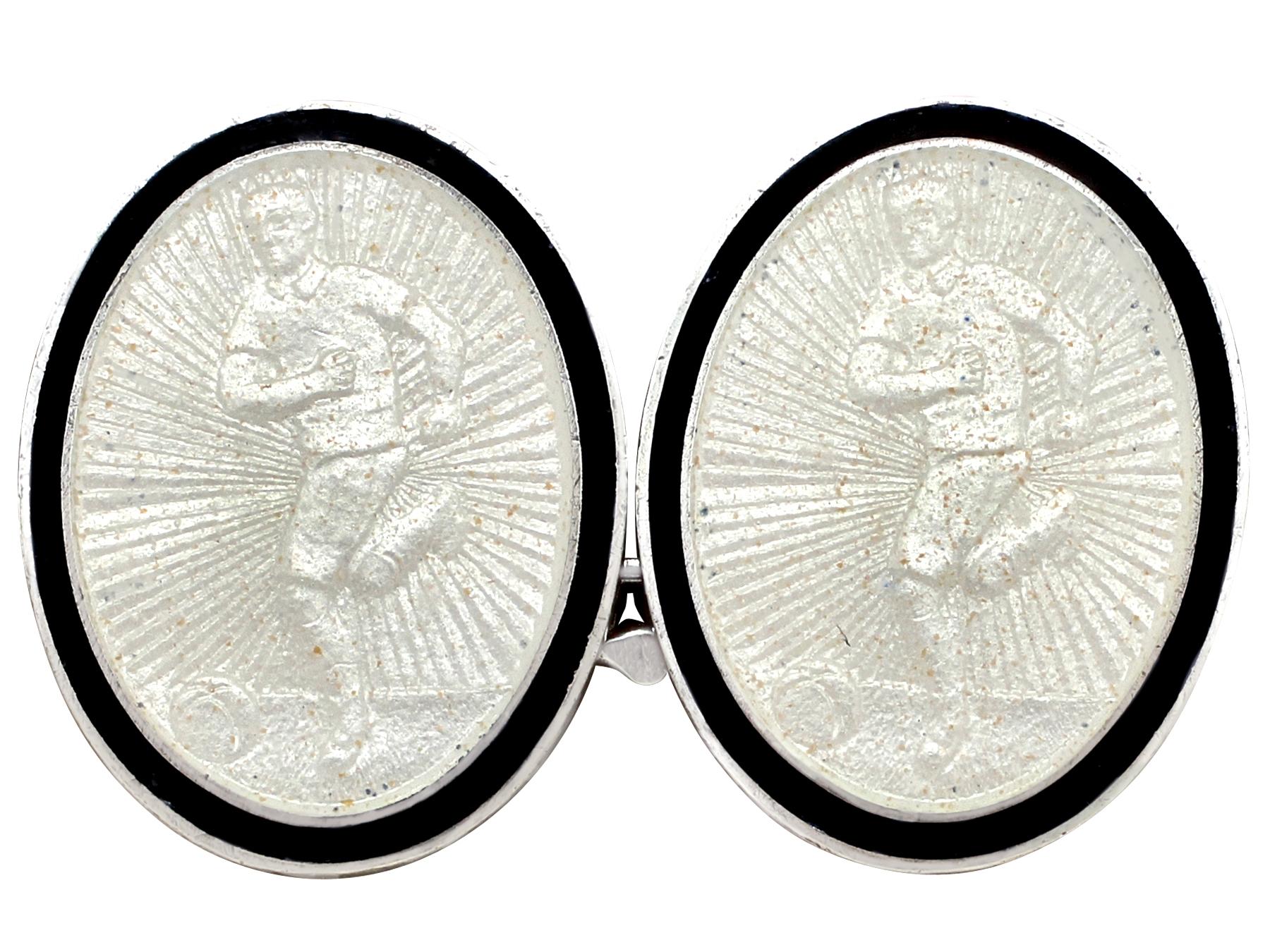 French Cut Antique French 1890s Import Enamel and Silver Footballer Cufflinks For Sale