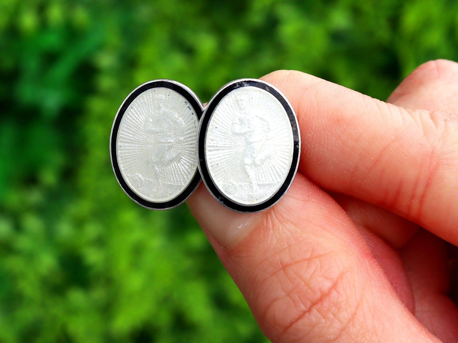 An impressive pair of antique French import enamel and silver 'footballer' cufflinks; part of our diverse antique jewelry and estate jewelry collections.

These fine and impressive antique footballer cufflinks have been crafted in silver.

Each