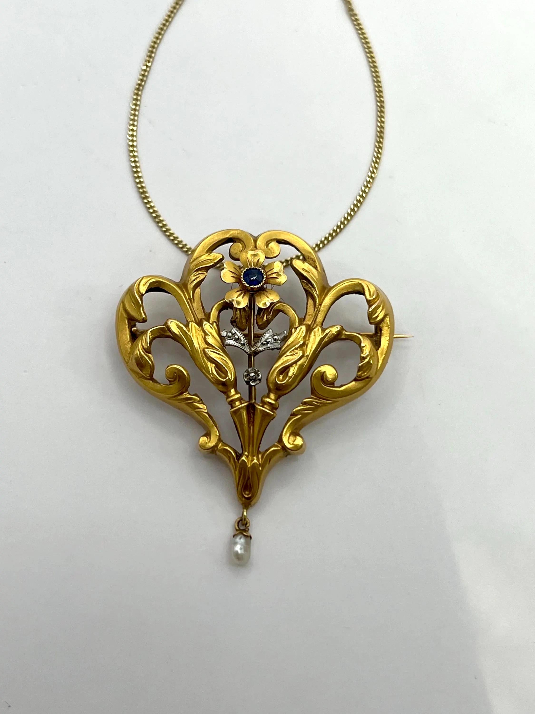 Antique French 18ct Gold, Edwardian Sapphire Pearl Pendant / Broche, Circa 1910 en venta 4