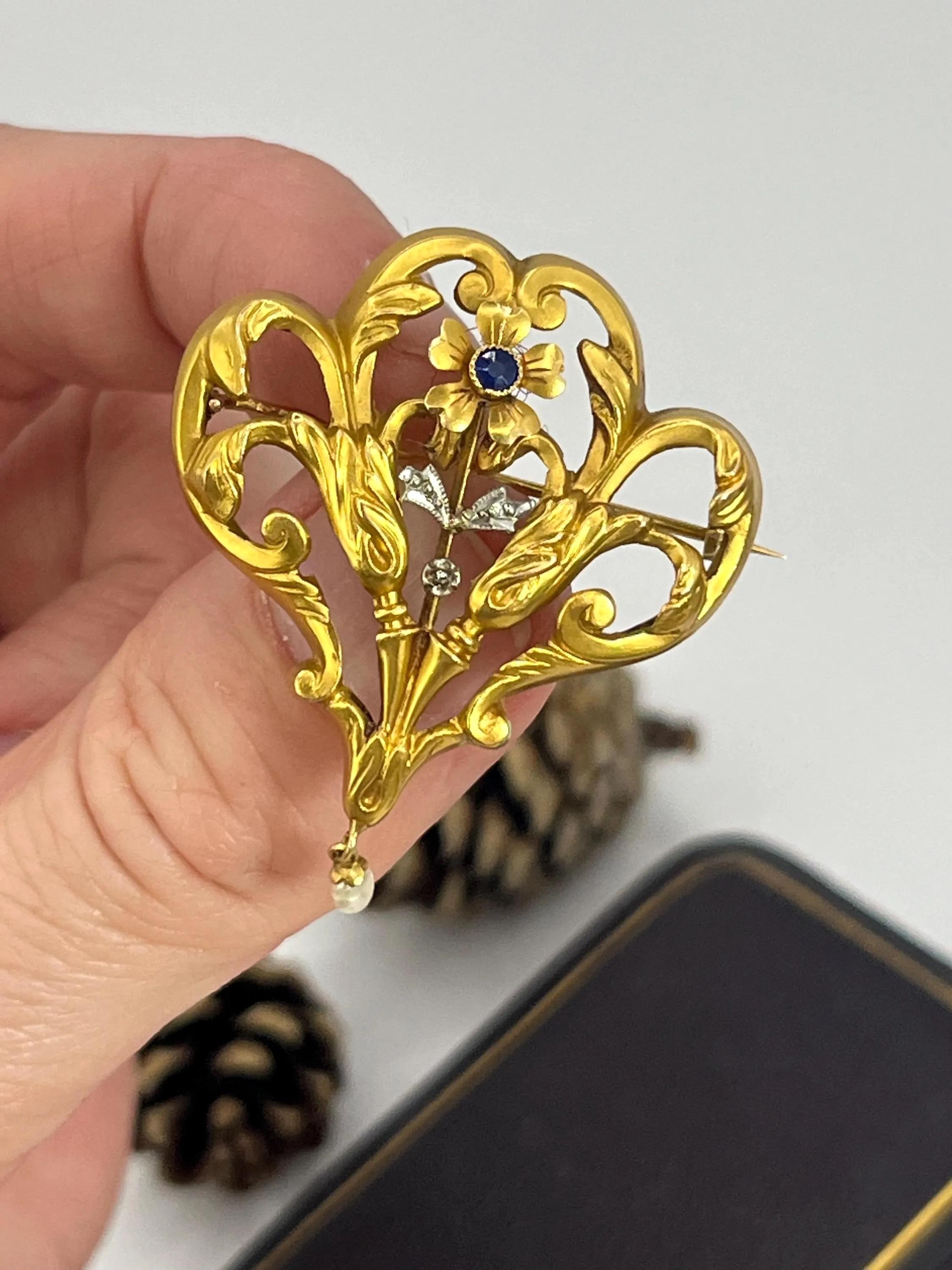 Antique French 18ct Gold, Edwardian Sapphire Pearl Pendant / Broche, Circa 1910 en venta 5