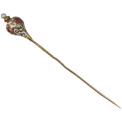Antique French 18 Carat Gold Enamel and Foiled Ruby Stick Tie Pin
