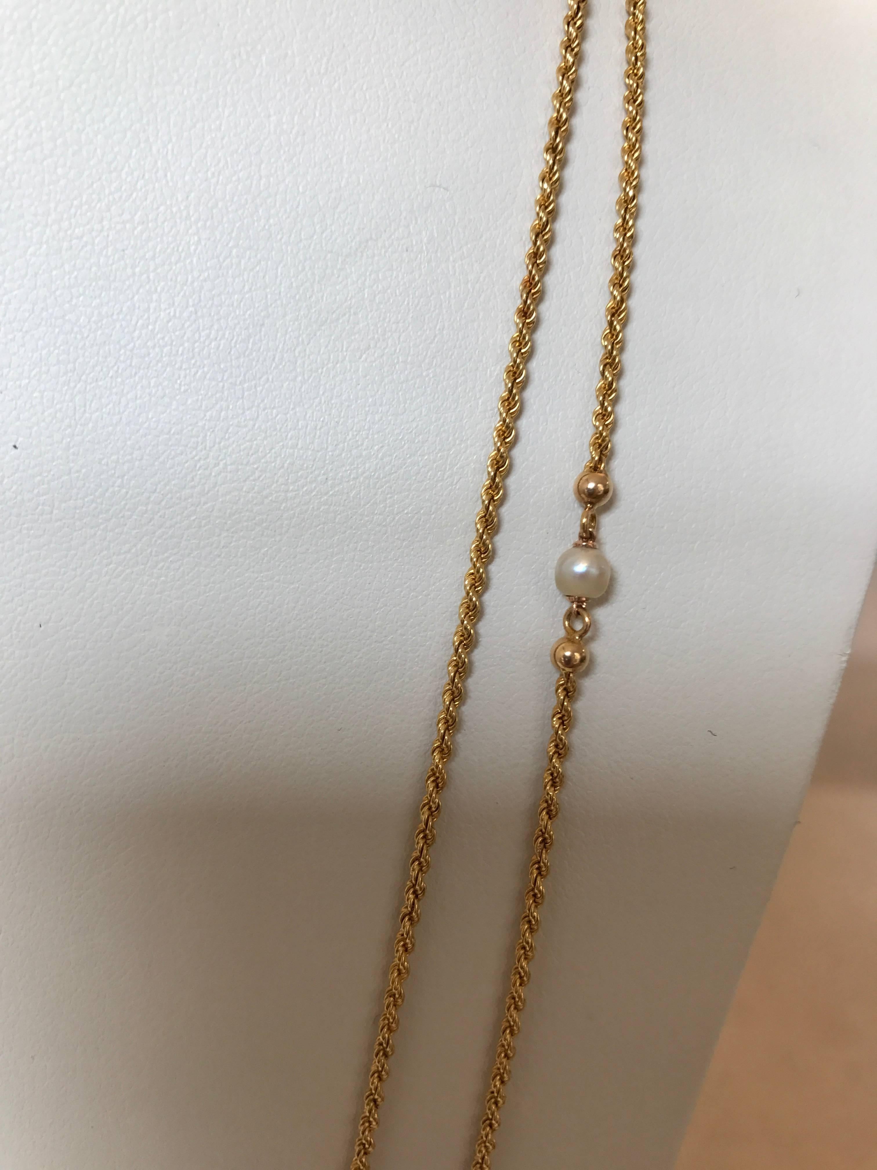 Victorian Antique French 18 Karat Yellow Gold Pearl Long Chain Necklace, circa 1870 For Sale