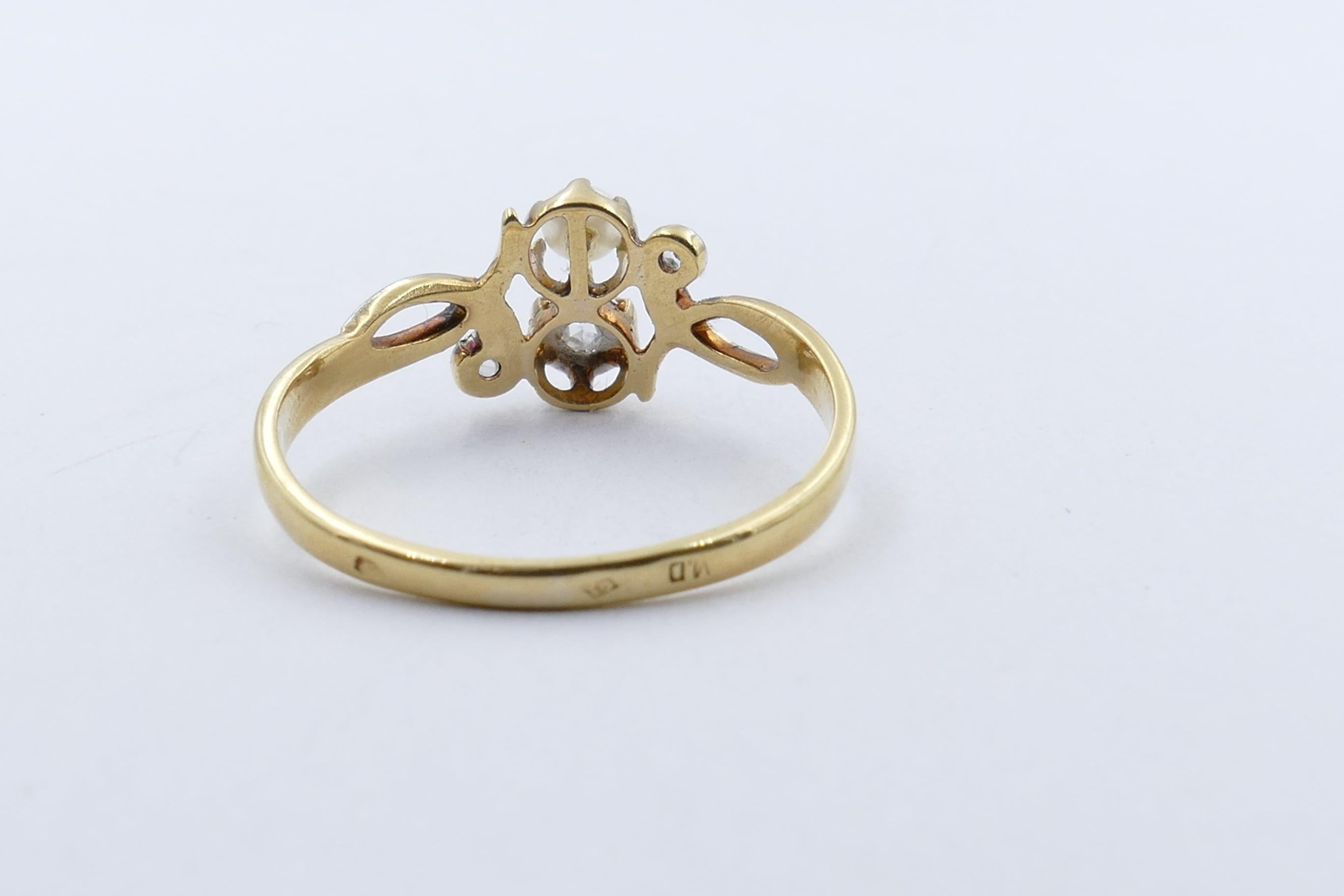 Edwardian Antique French 18 Carat Yellow and White Gold Pearl and Diamond Ring For Sale