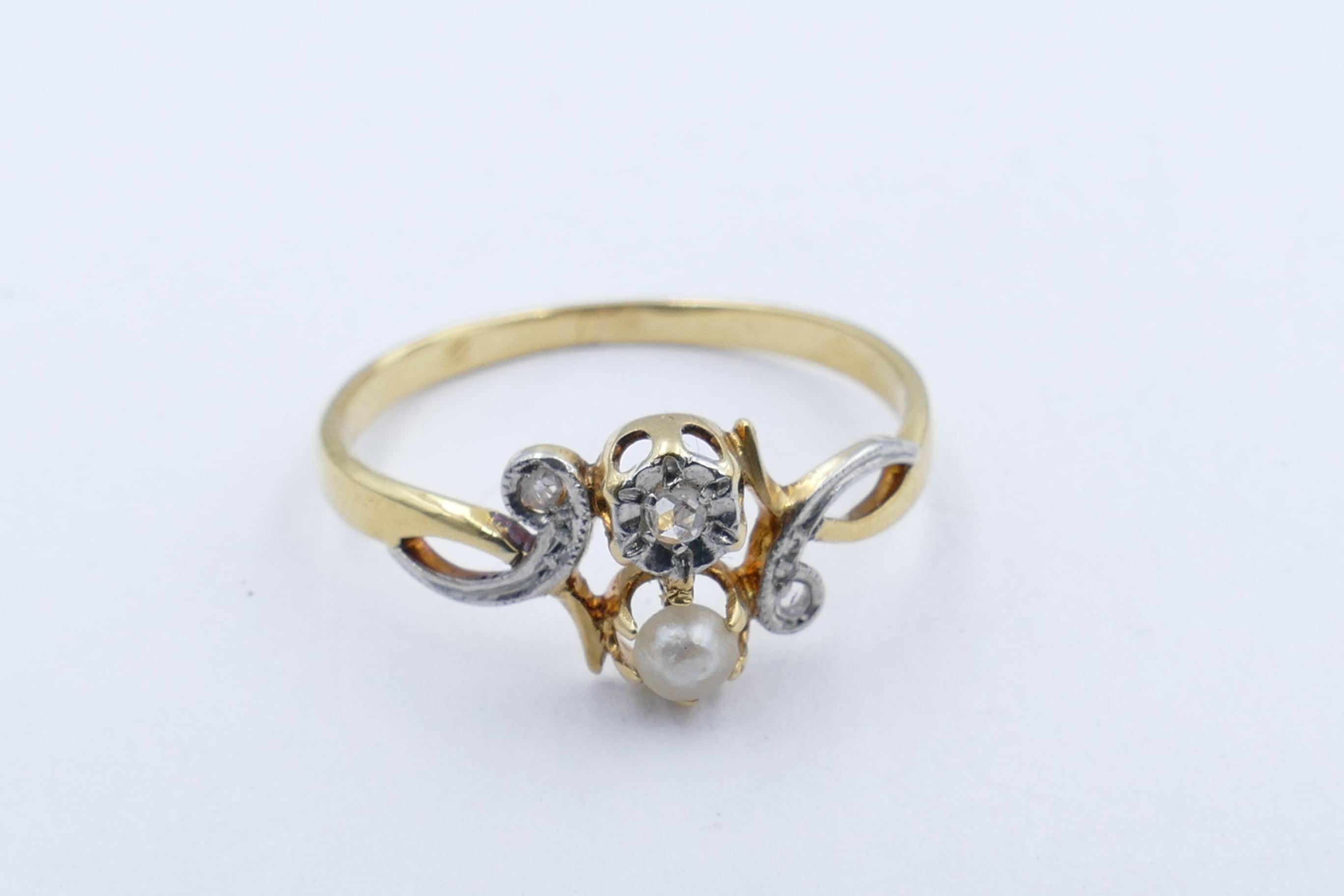 Rose Cut Antique French 18 Carat Yellow and White Gold Pearl and Diamond Ring For Sale