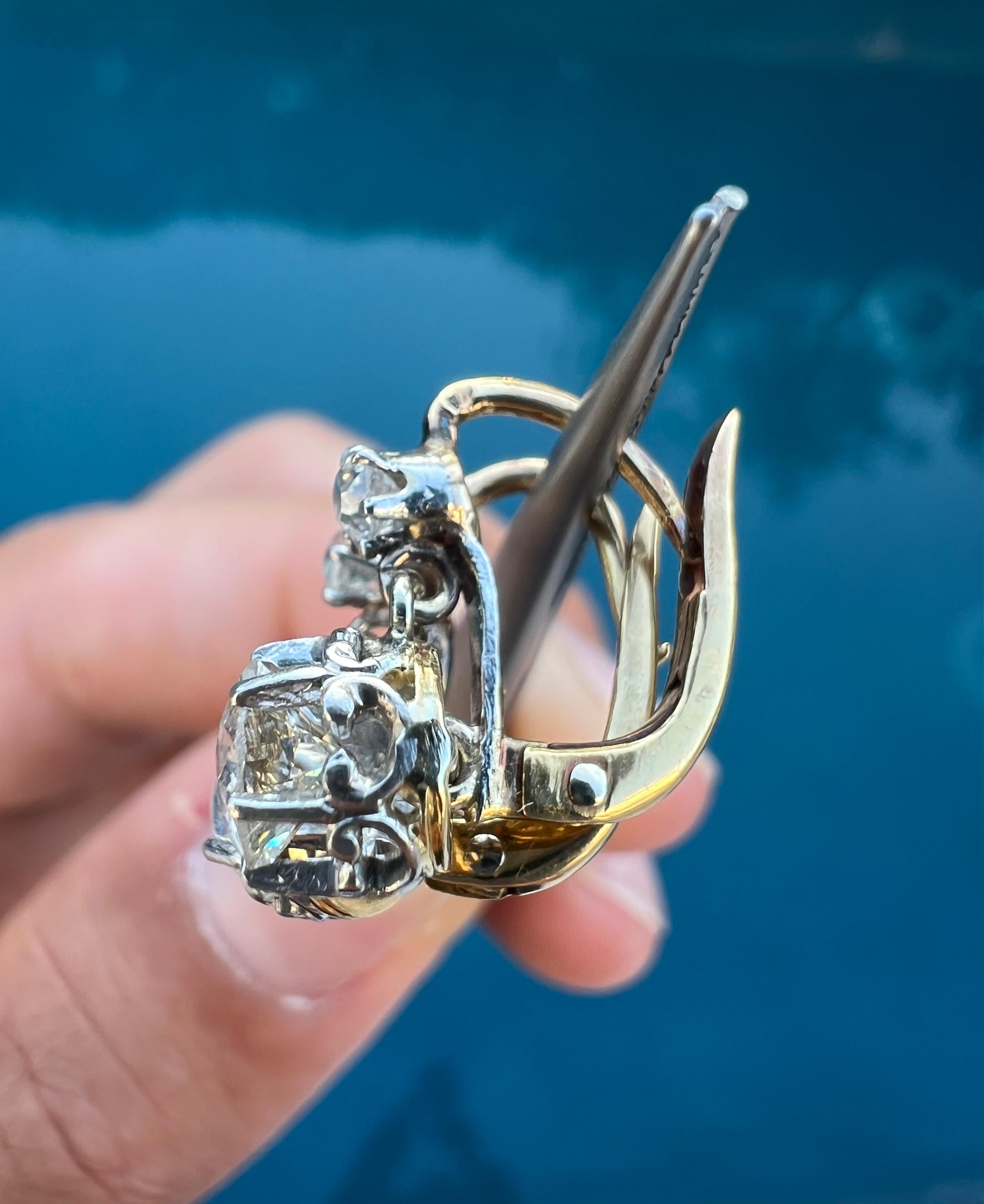 Édouardien Boucles d'oreilles Antique French 18k 1.12ct Old European Cut Diamond 'Sleepers' (dormeuses) en vente