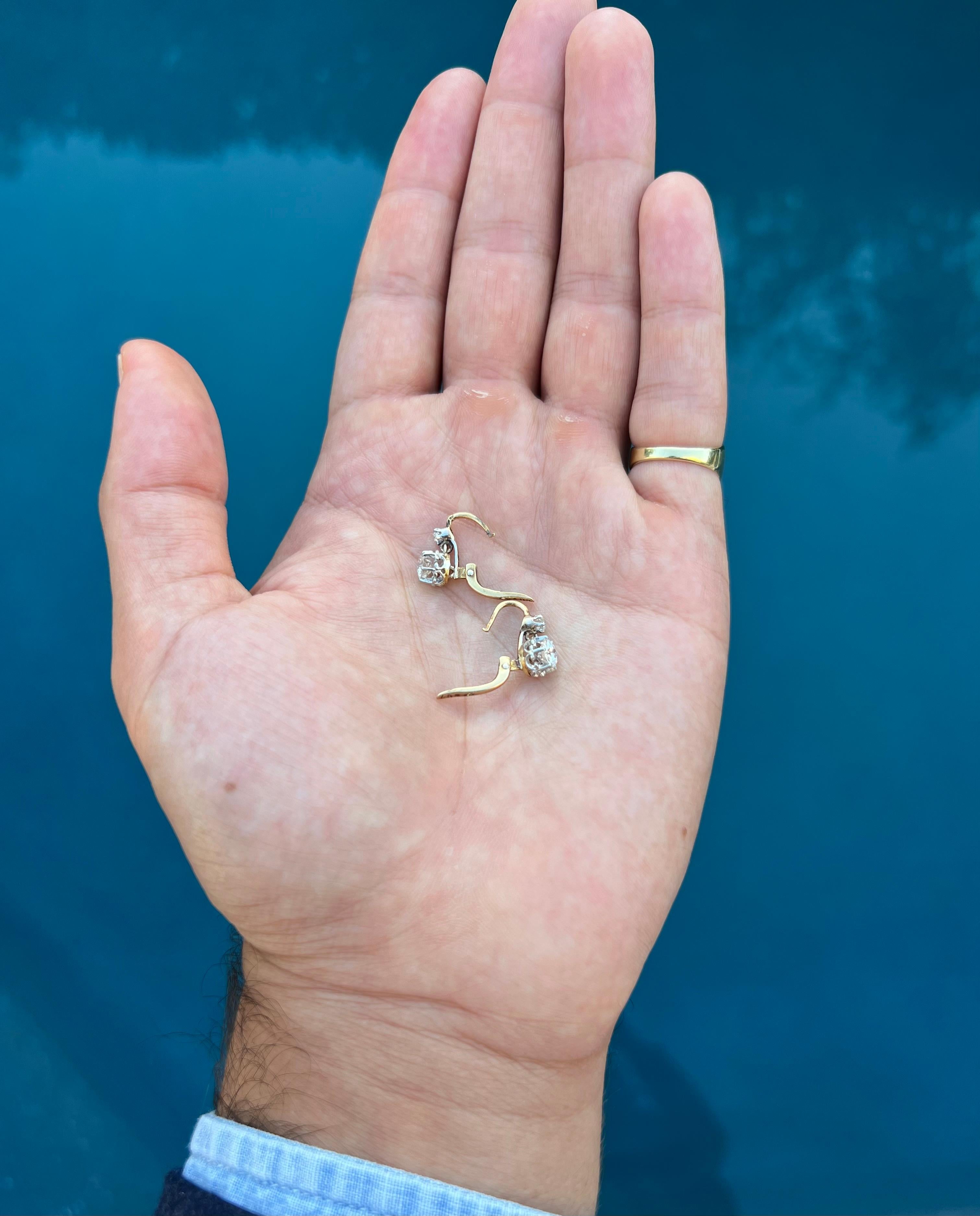 Boucles d'oreilles Antique French 18k 1.12ct Old European Cut Diamond 'Sleepers' (dormeuses) Pour femmes en vente