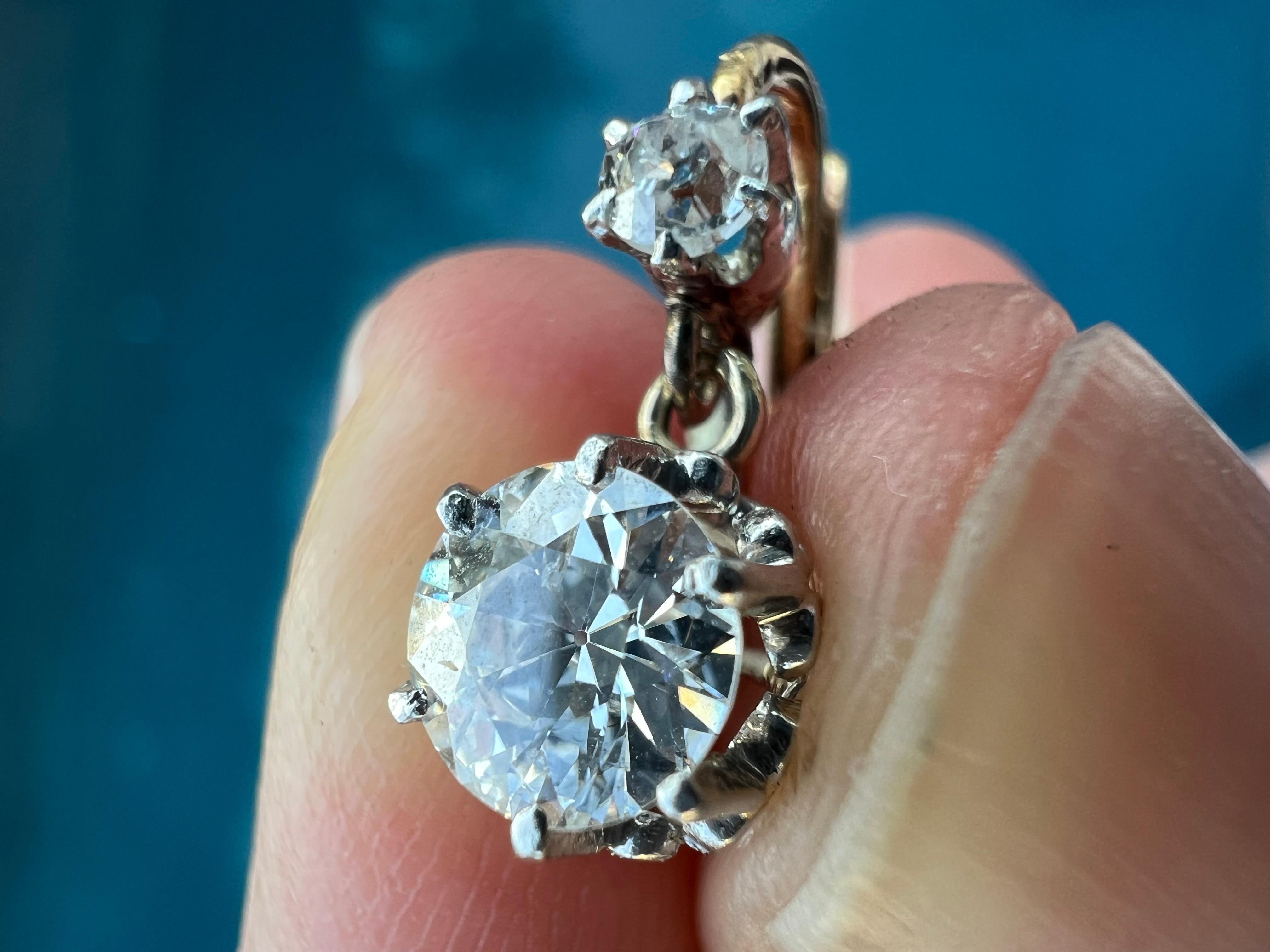 Boucles d'oreilles Antique French 18k 1.12ct Old European Cut Diamond 'Sleepers' (dormeuses) en vente 1