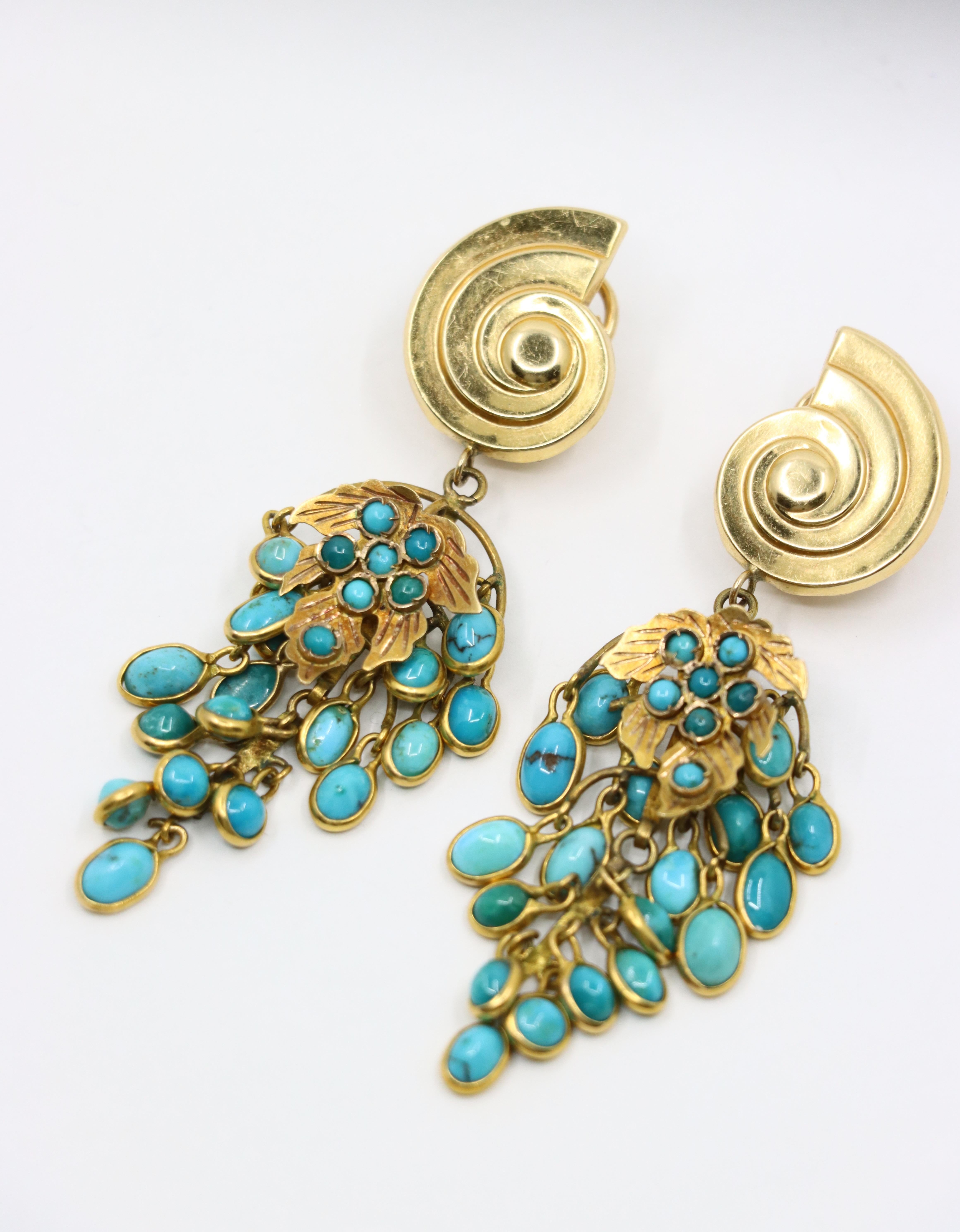 Antique French, orecchini a lampadario con cabochon in turchese in oro 18 e 14 carati in vendita 5