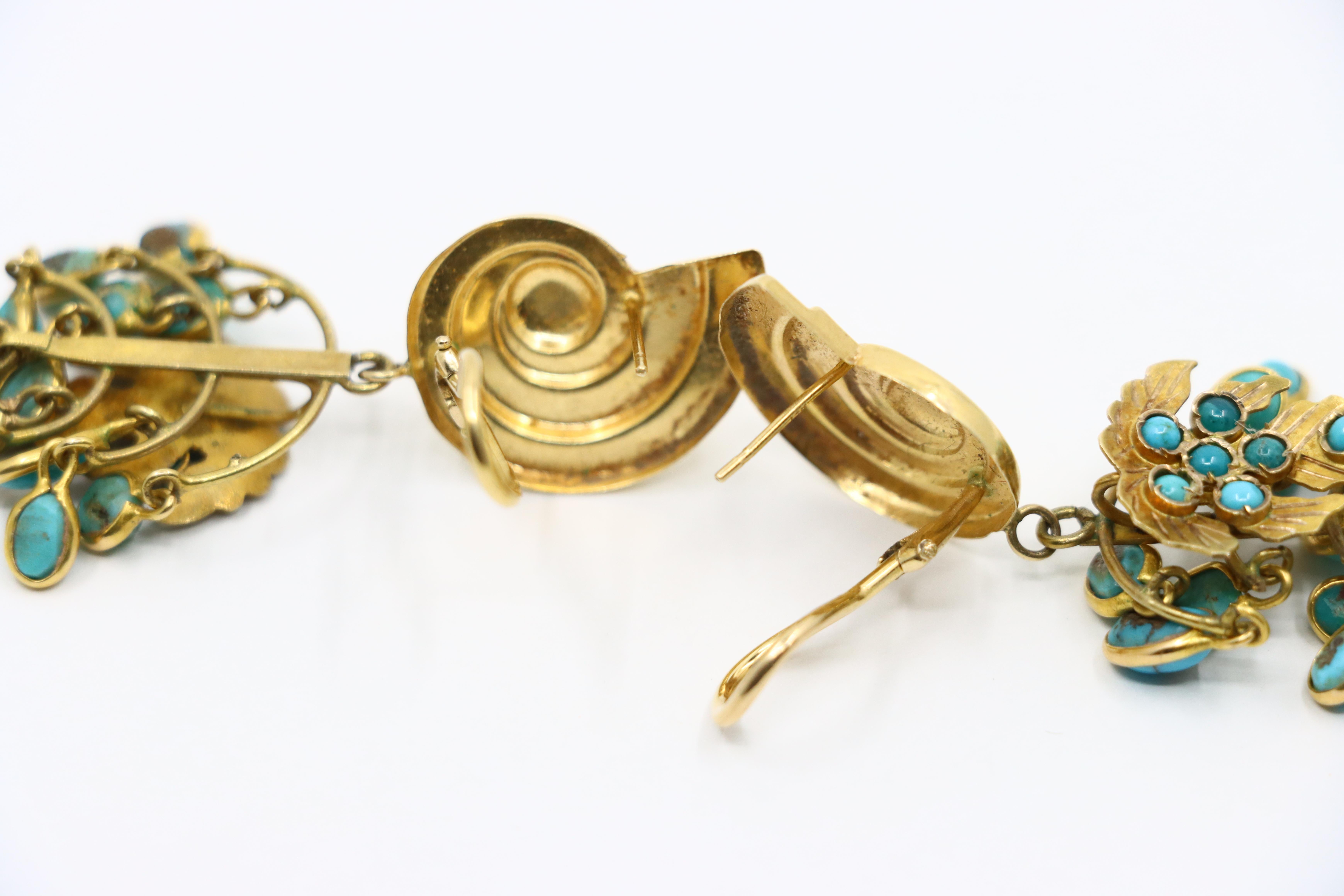 Antique French, orecchini a lampadario con cabochon in turchese in oro 18 e 14 carati in vendita 6