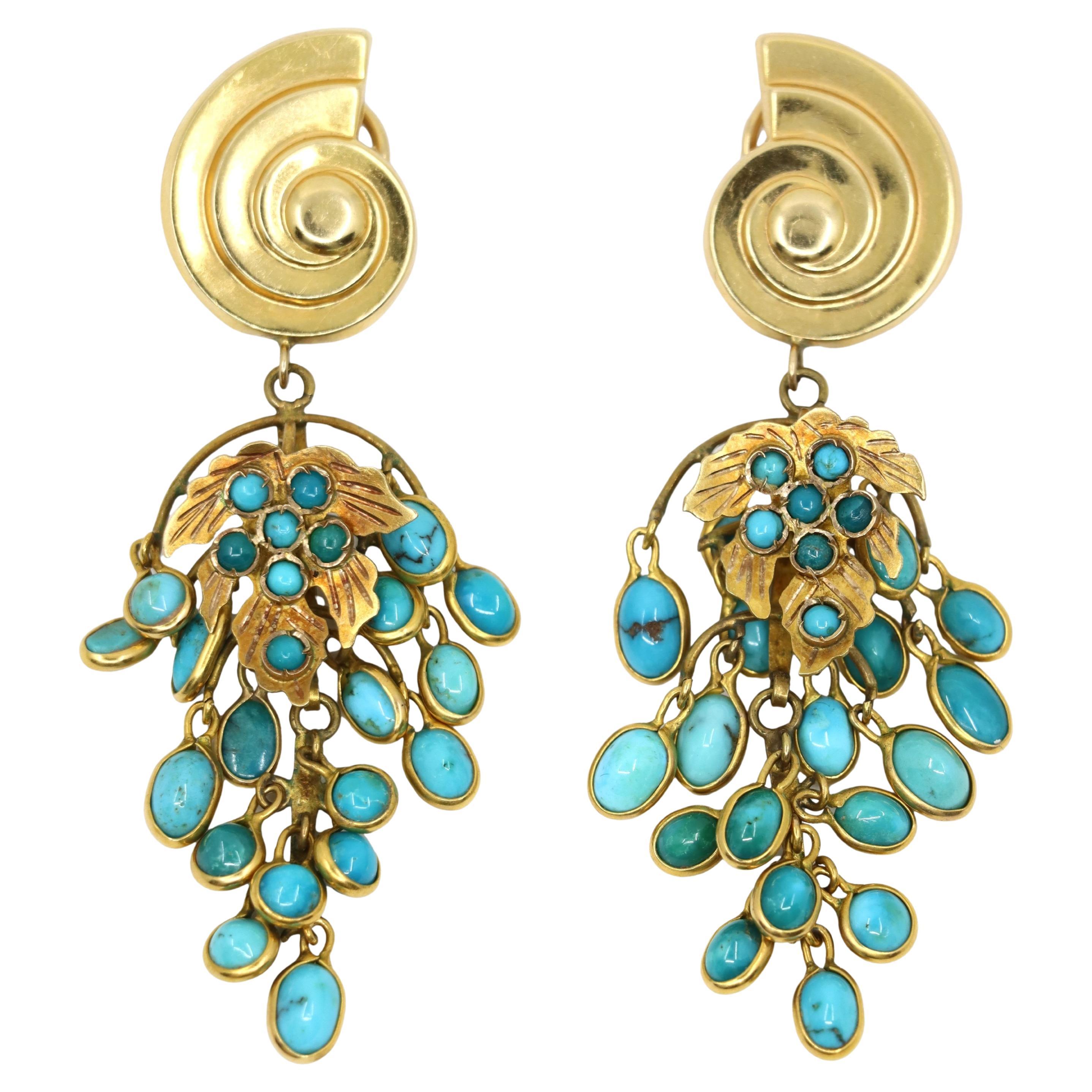 Pendientes de araña con cabujón de turquesa en oro antiguo francés de 18K y 14K
