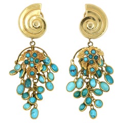 Antique French 18K & 14K Gold Turquoise Cabochon Chandelier Earrings