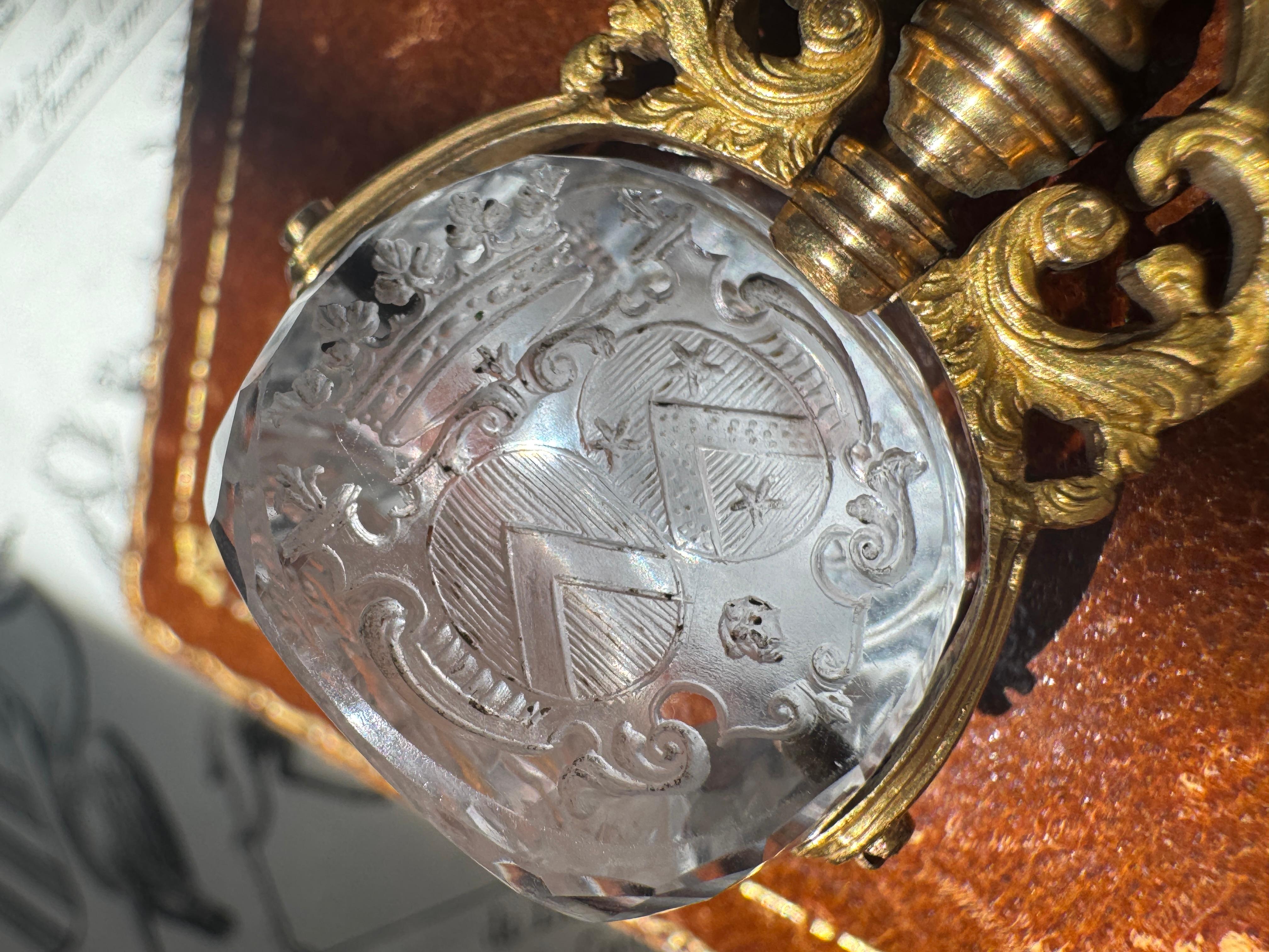 Antique French 18K Armorial Rock Crystal Swivel Fob with Unicorns and Dogs For Sale 6