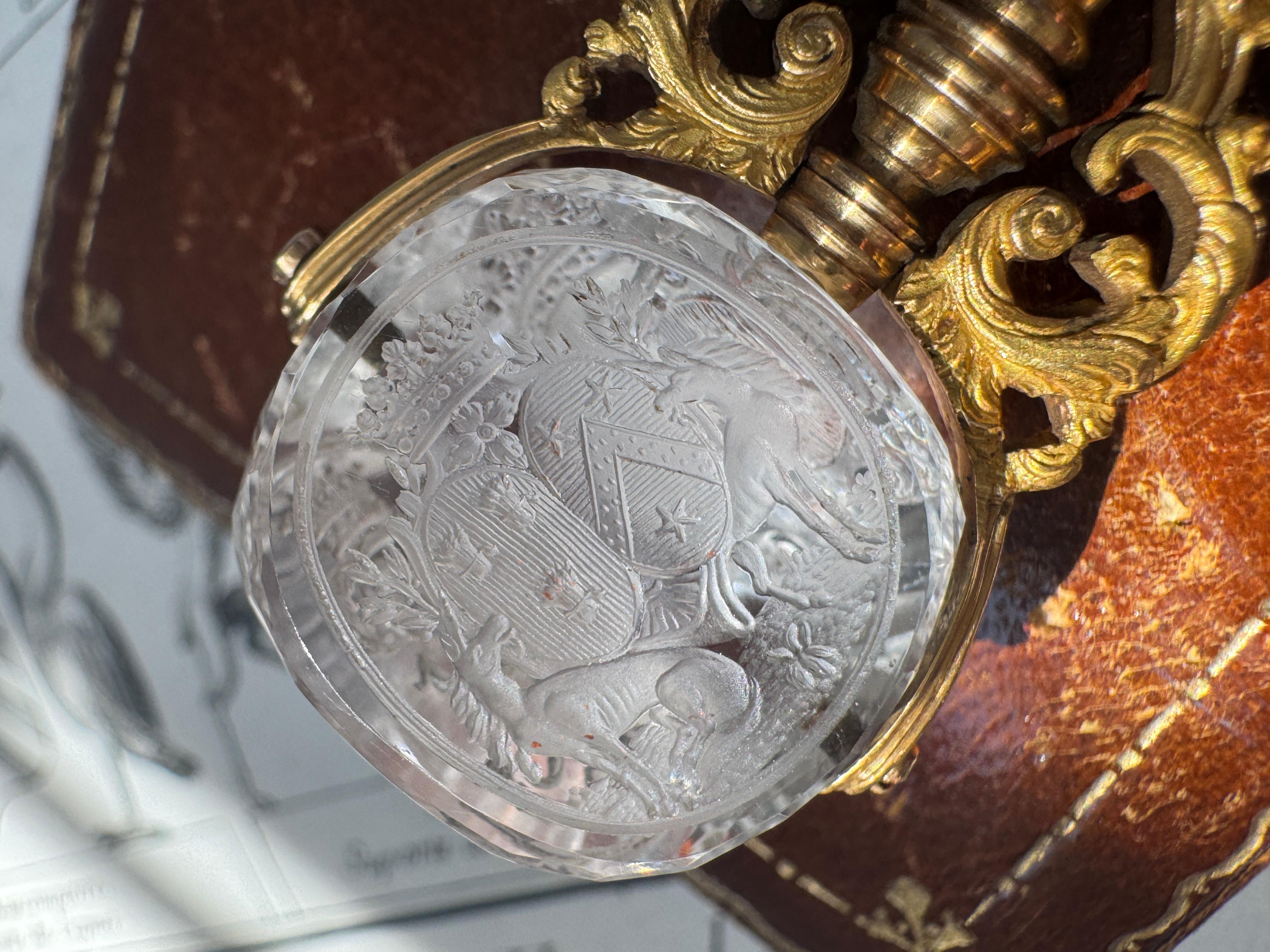 Antique French 18K Armorial Rock Crystal Swivel Fob with Unicorns and Dogs In Good Condition For Sale In Hummelstown, PA