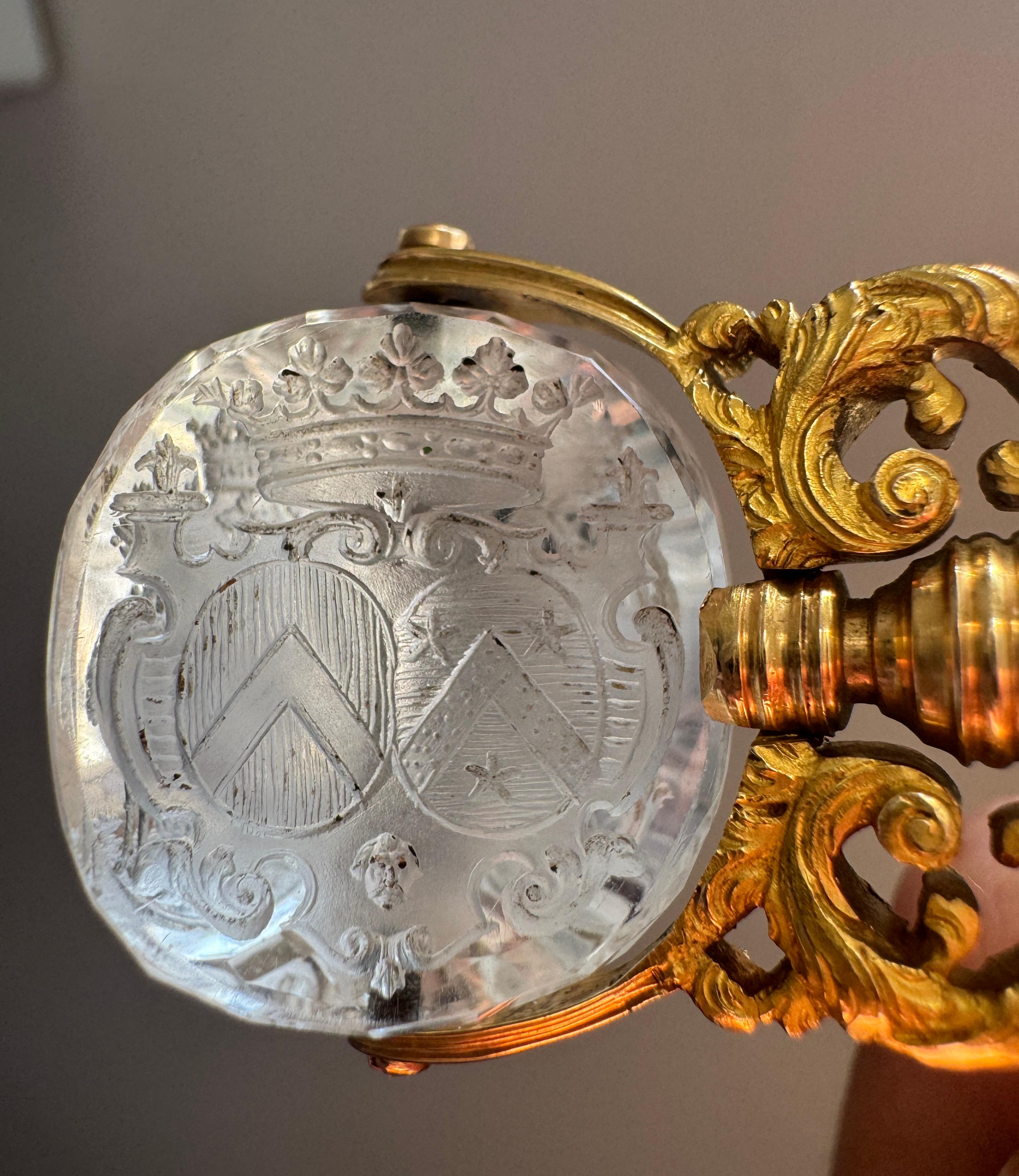 Women's or Men's Antique French 18K Armorial Rock Crystal Swivel Fob with Unicorns and Dogs For Sale