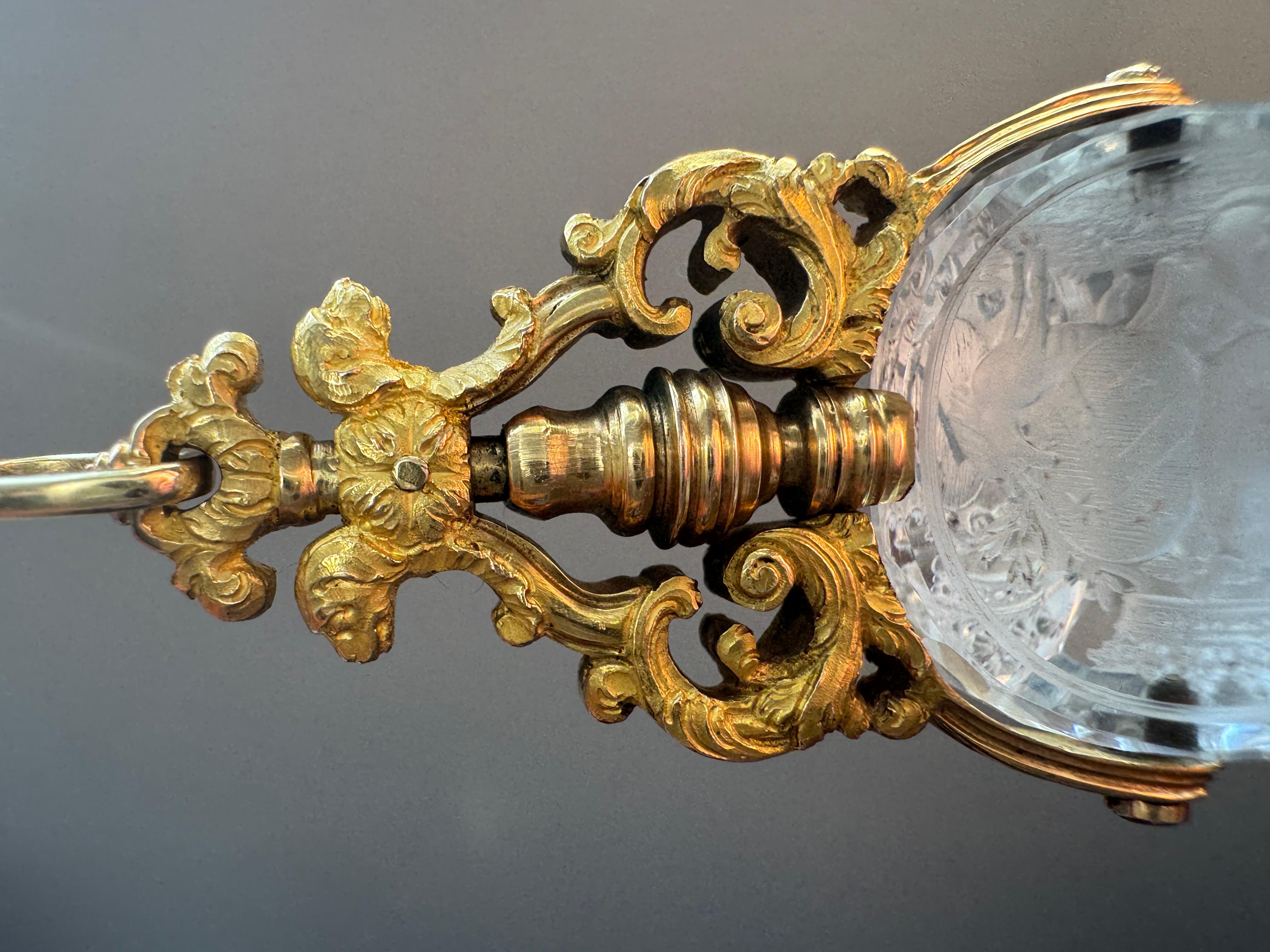Antique French 18K Armorial Rock Crystal Swivel Fob with Unicorns and Dogs For Sale 1