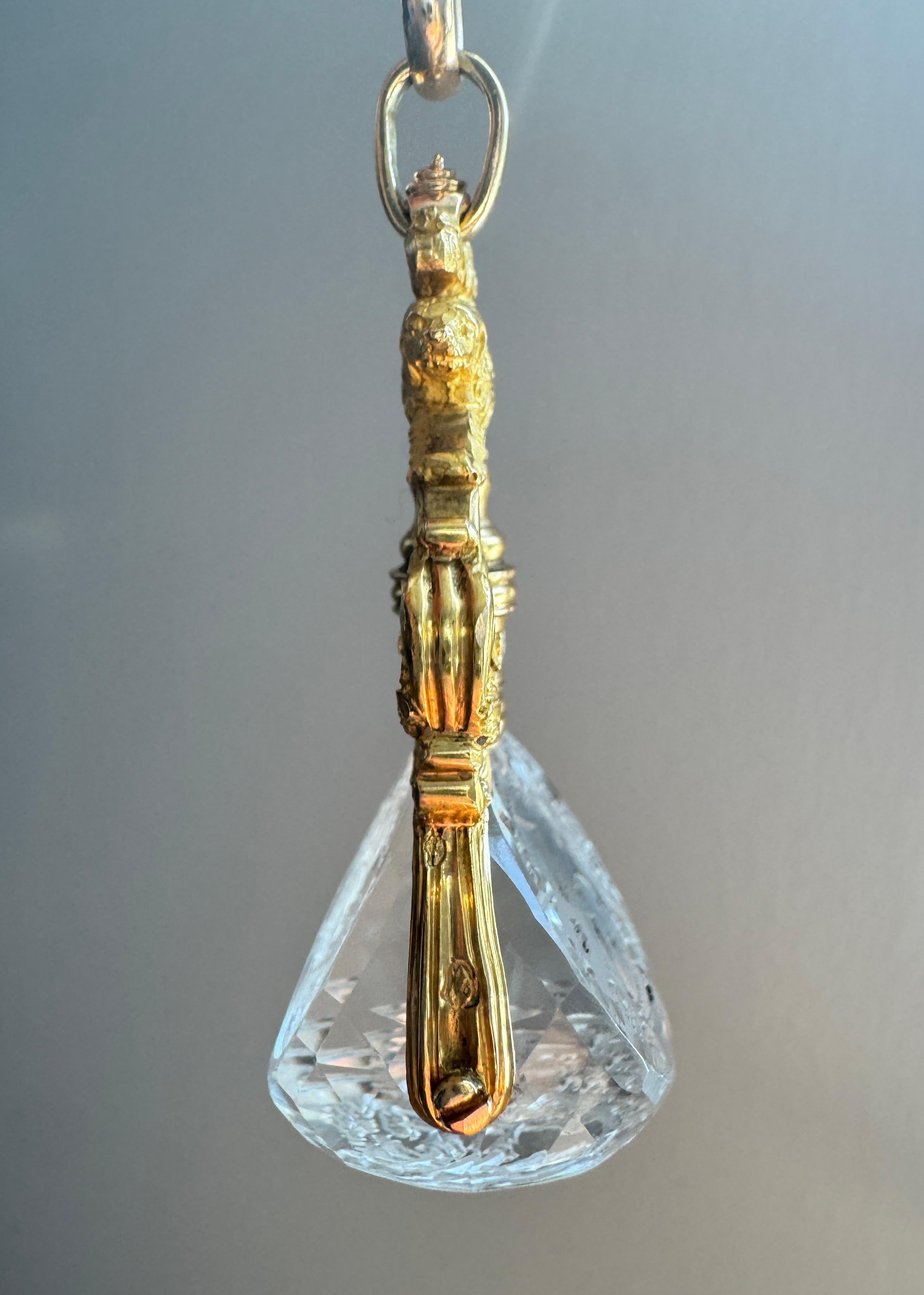 Antique French 18K Armorial Rock Crystal Swivel Fob with Unicorns and Dogs For Sale 3