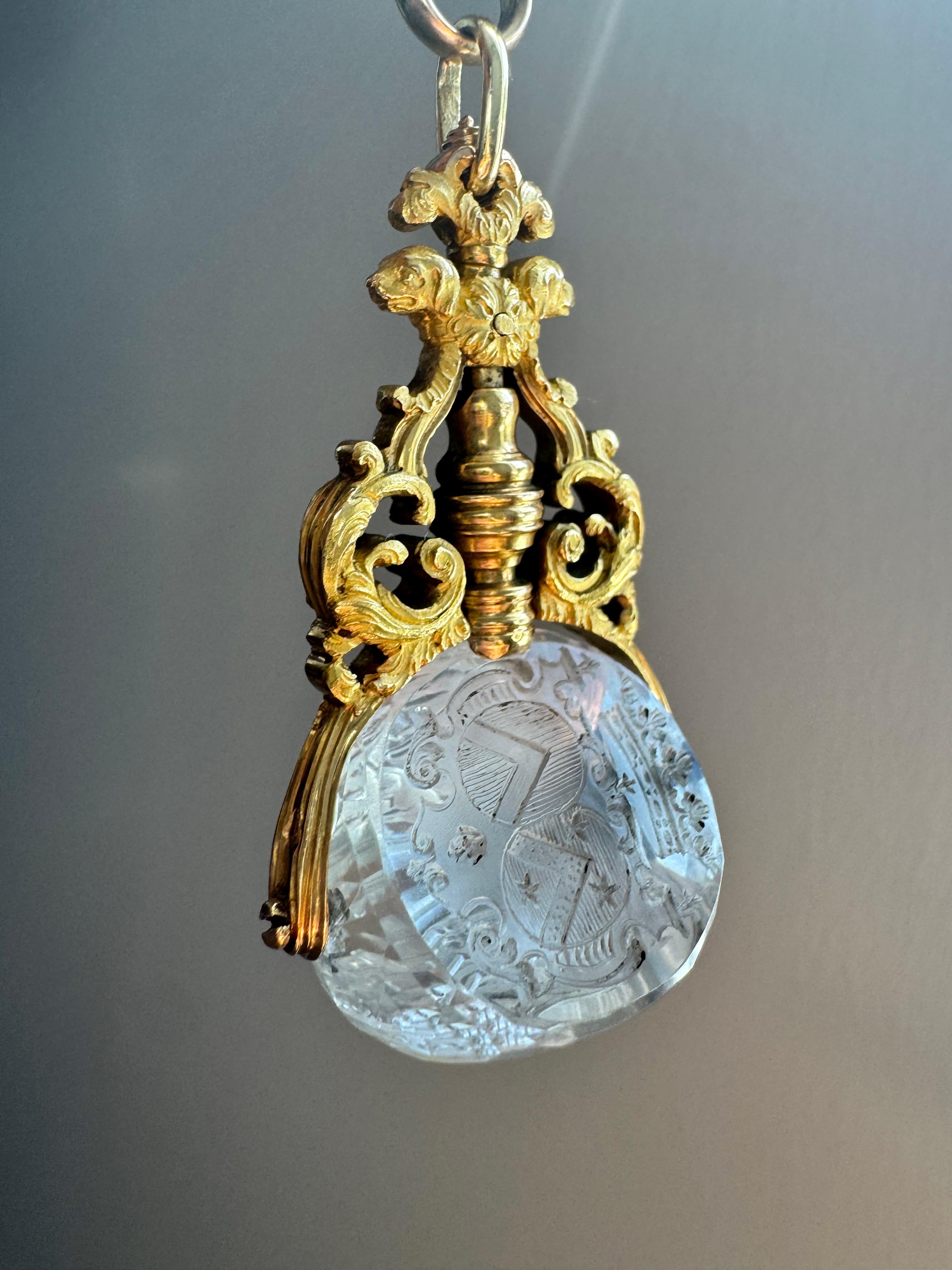 Antique French 18K Armorial Rock Crystal Swivel Fob with Unicorns and Dogs For Sale 4