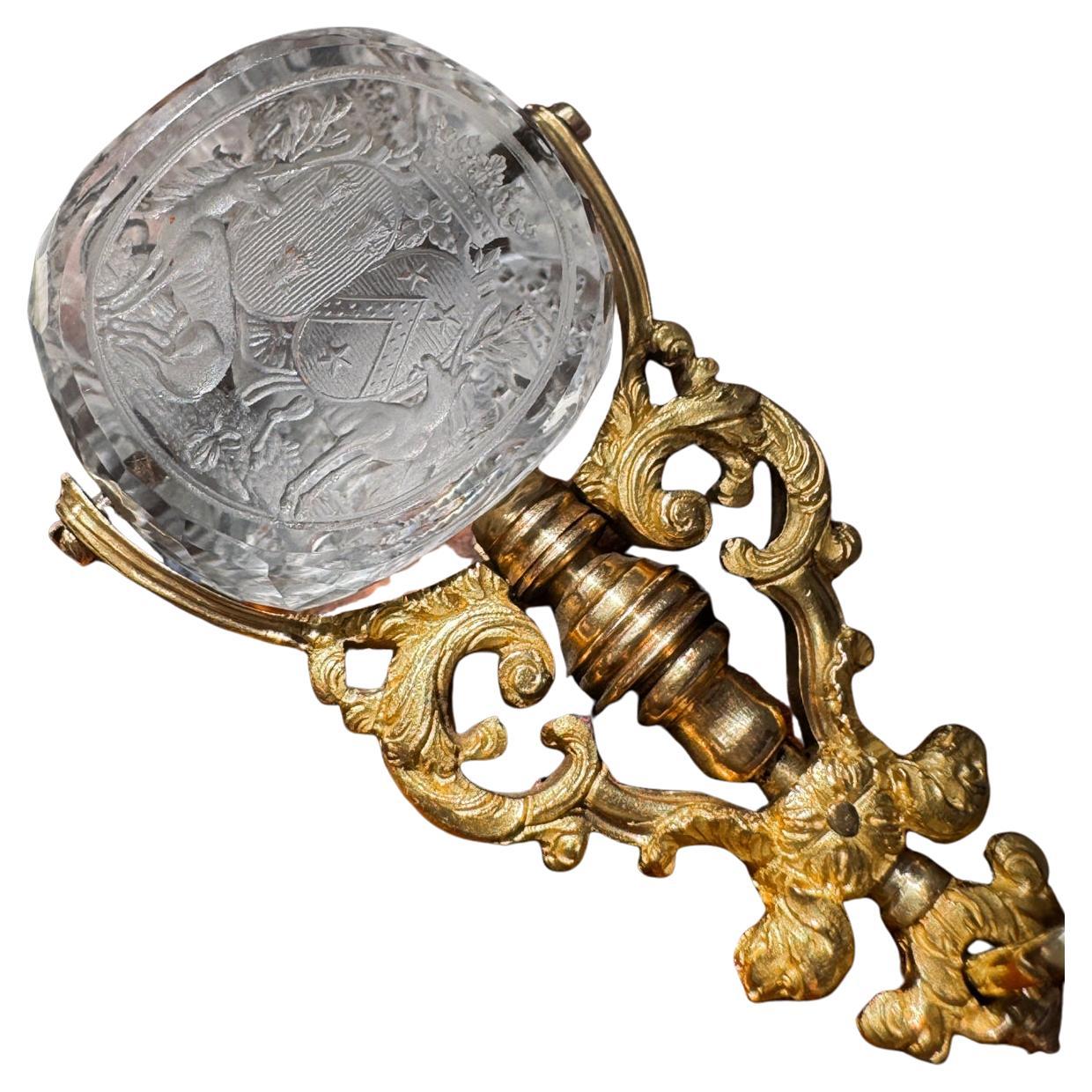Antique French 18K Armorial Rock Crystal Swivel Fob with Unicorns and Dogs For Sale