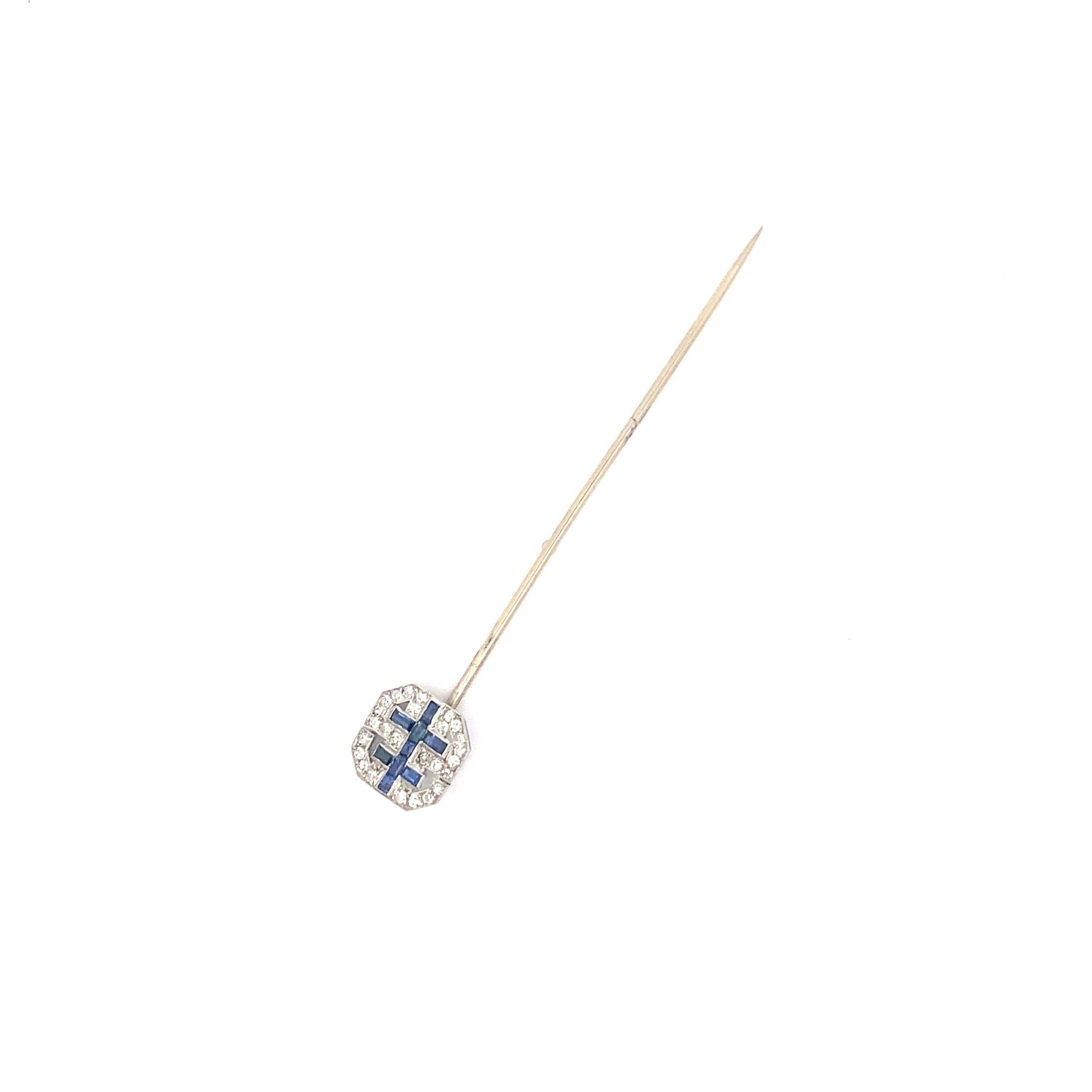French Cut Antique french 18k Diamond & Sapphire Stick Pin (Patterned Sapphires) For Sale
