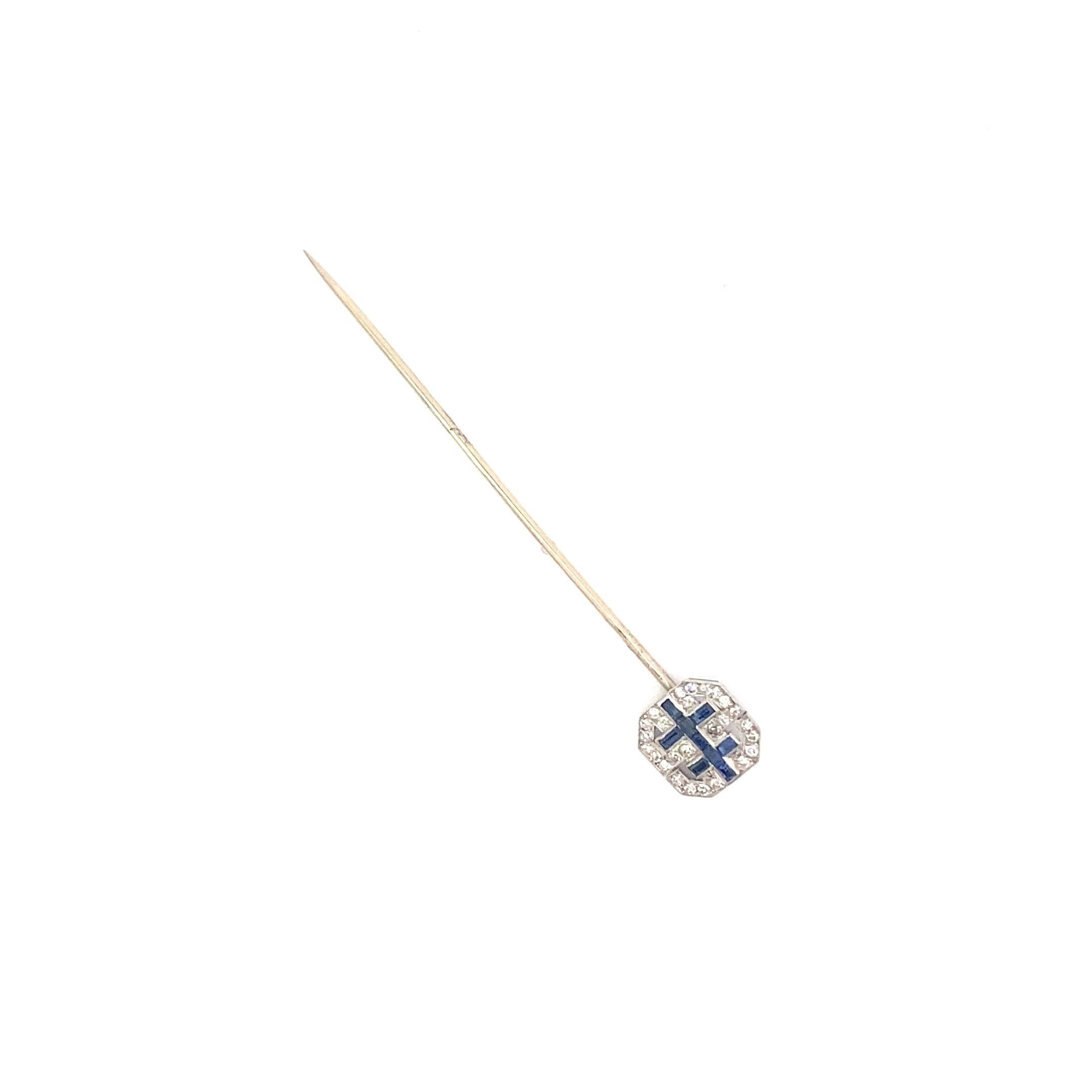 Antique french 18k Diamond & Sapphire Stick Pin (Patterned Sapphires) In Good Condition For Sale In Brooklyn, NY